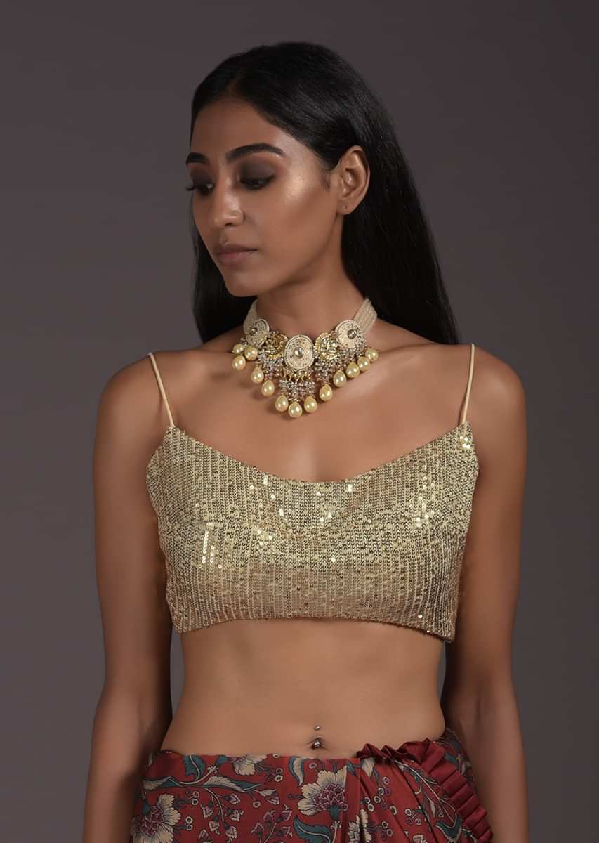 Cream Gold Blouse Embellished In Sequins With Floral Printed Satin Tie Up In The Back And Straps On The Shoulder