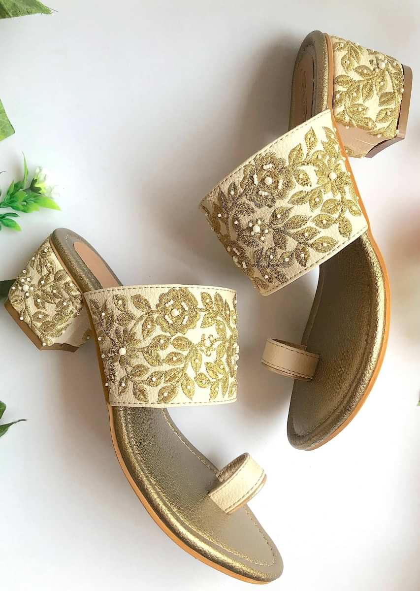 Cream Heels With Gold Zari And Moti Work N Floral Design By Sole House