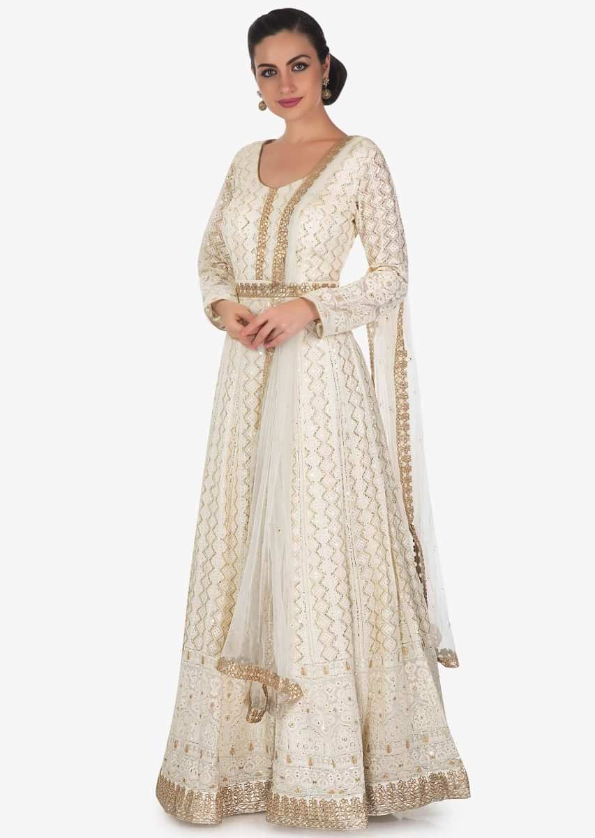 Ivory Anarkali Suit In Georgette With Lucknowi Thread Work And Sequin Work Online - Kalki Fashion