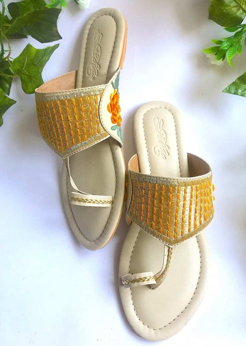 Cream Kolhapuri Flats With Traditional Zari Work And Accents Of Orange Velvet Rose Patchwork And Thread Online By Sole House