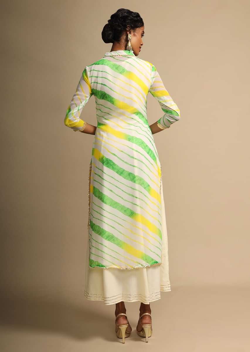 Cream Kurti With Green And Yellow Tie Dye Print And Cotton Anarkali Inner  