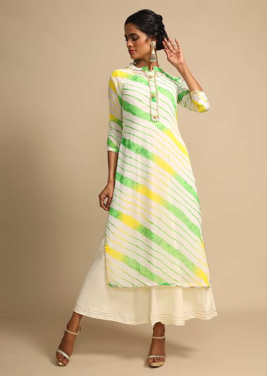 Cream Kurti With Green And Yellow Tie Dye Print And Cotton Anarkali Inner  