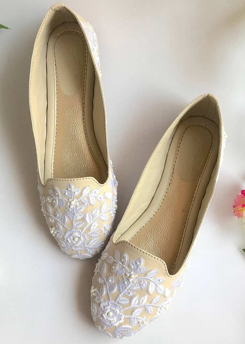 Cream Loafers With Baroque Inspired Embroidery Using Pearls And Beads By Sole House