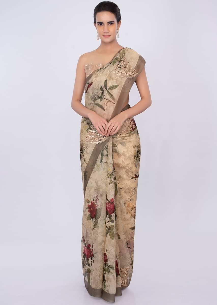 Cream organza floral printed saree with embroidered butti only on kalki