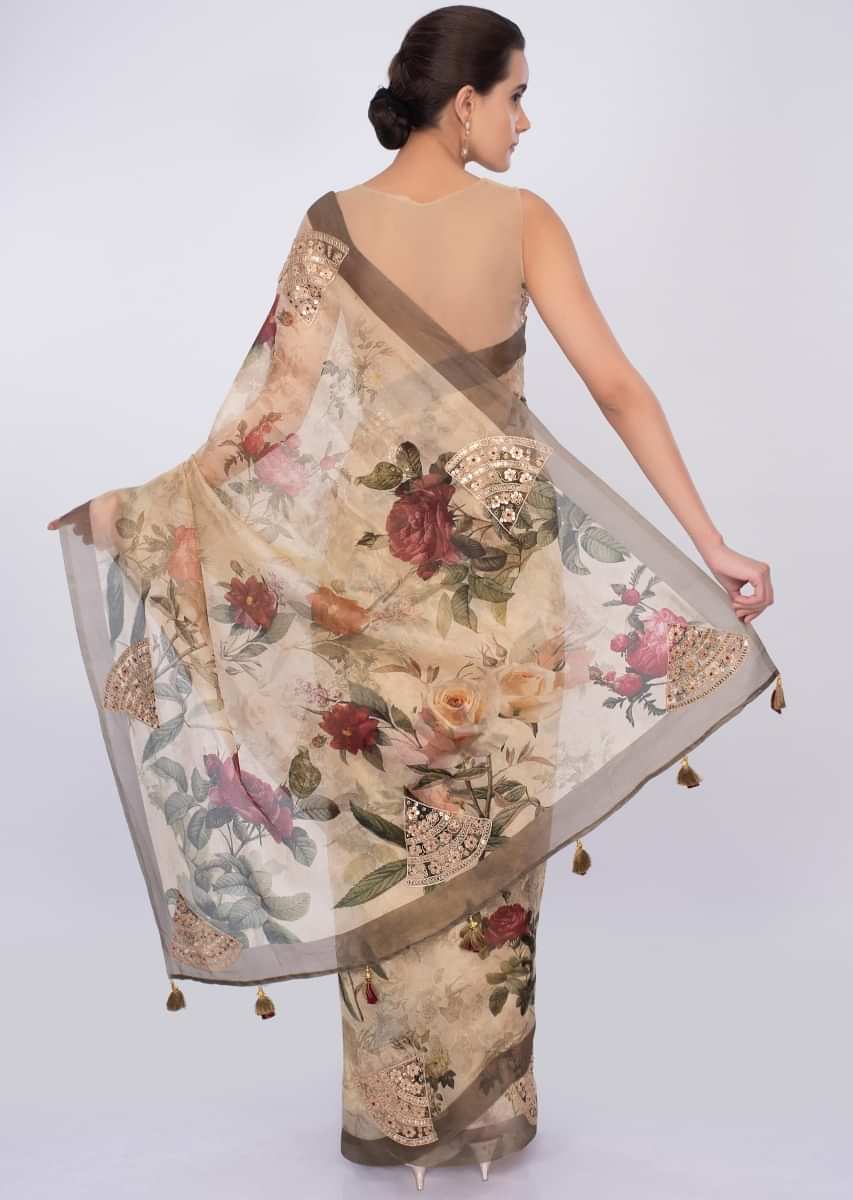 Cream organza floral printed saree with embroidered butti only on kalki