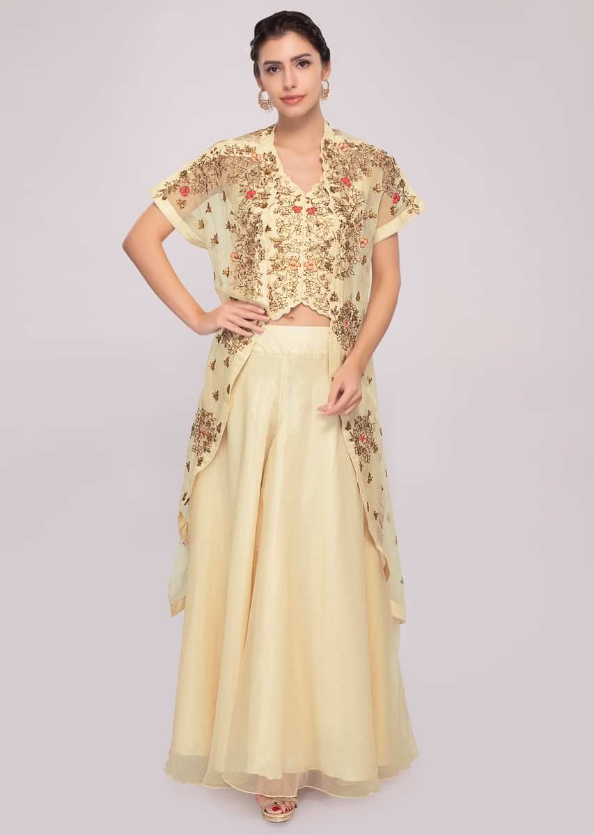 Cream Palazzo And Crop Top In Organza Paired With An Embroidered Jacket Online - Kalki Fashion