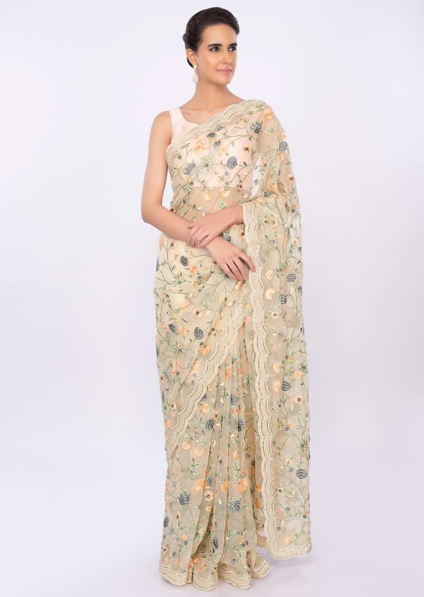 Cream organza saree with floral jaal work only on kalki