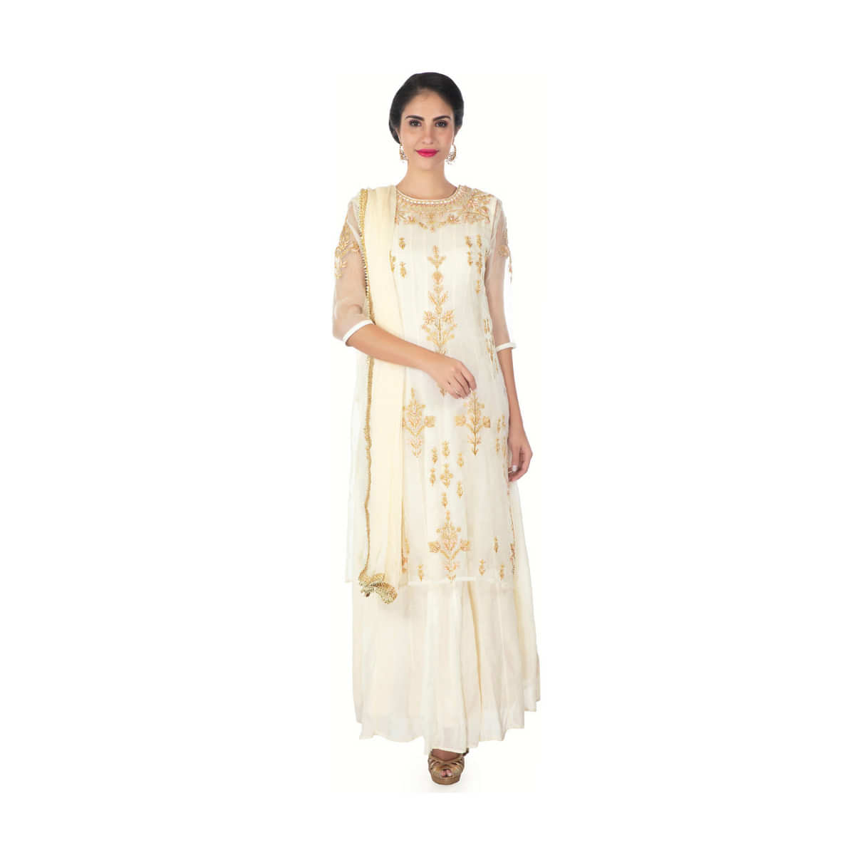 Cream Top In Organza Silk With Cotton Inners And Chiffon Dupatta Online - Kalki Fashion