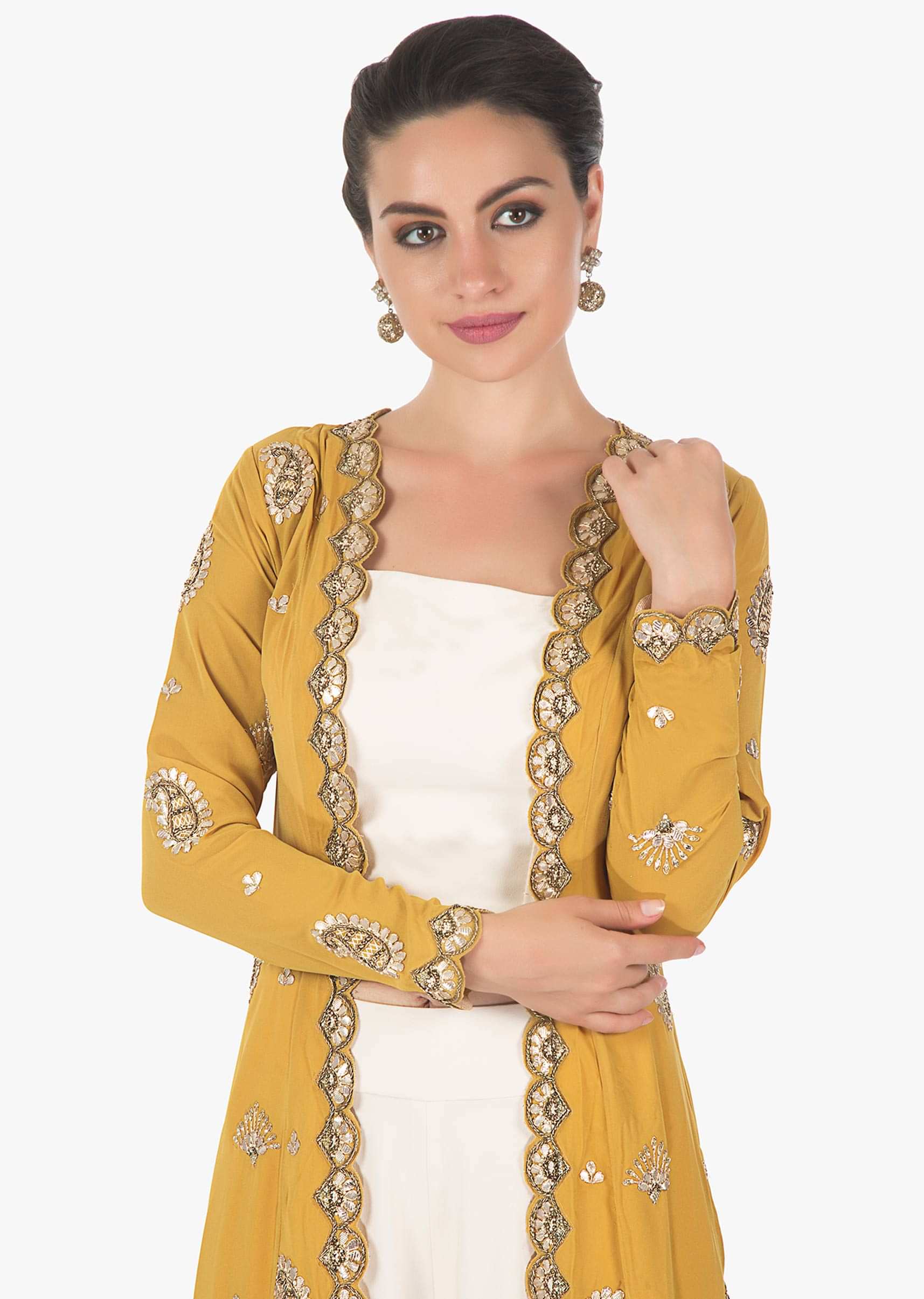 Pastel cream palazzo and crop  top with mustard jacket only on kalki