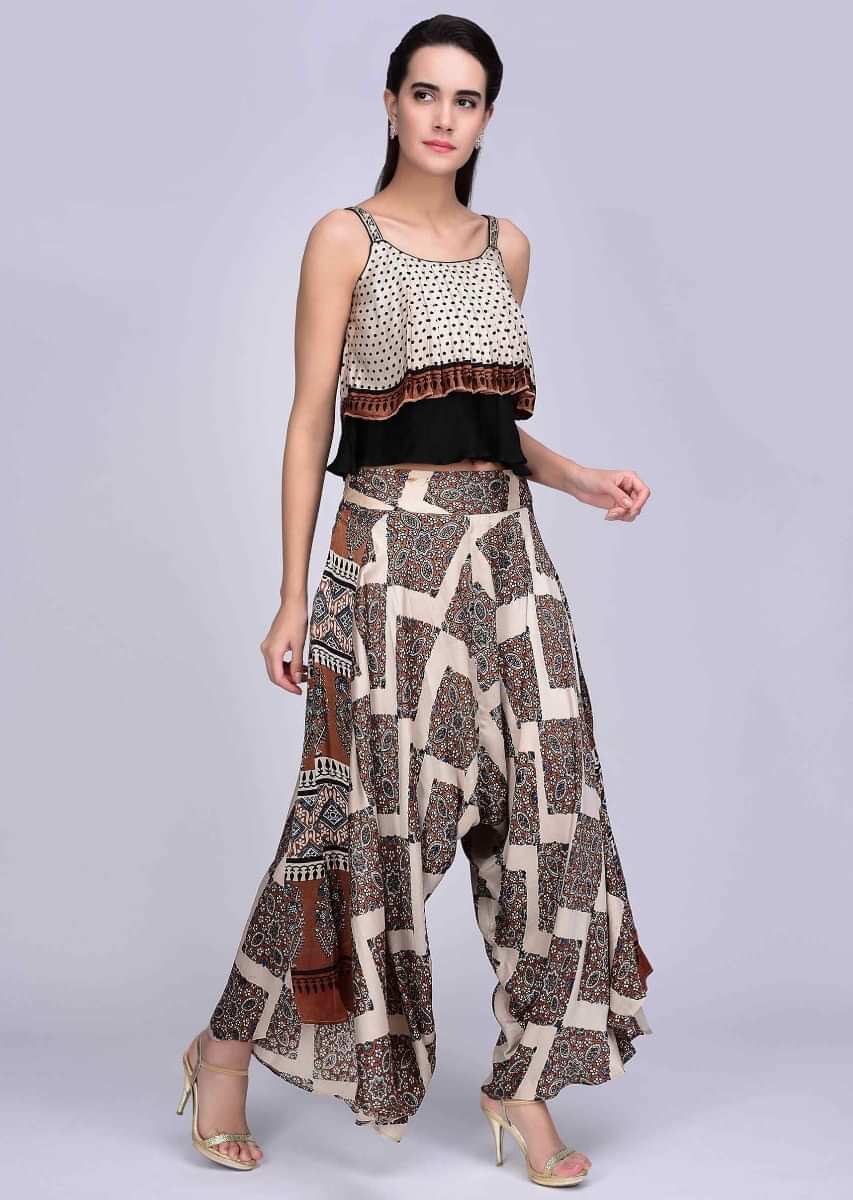 Cream patola printed flared palazzo with a double layer frilled crop top  KALKI Fashion India