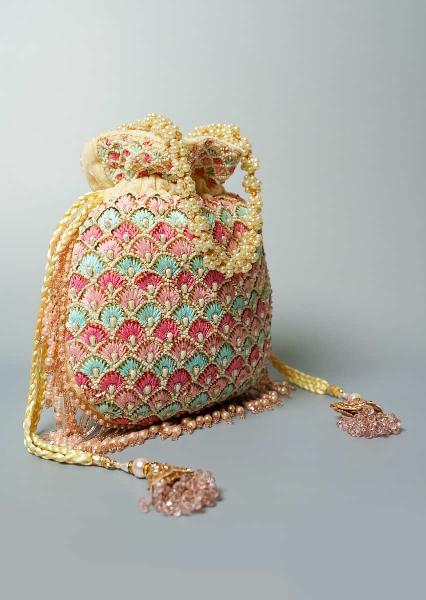 Buy Light Gold Potli Bag In Velvet Adorned With Thread And Beads