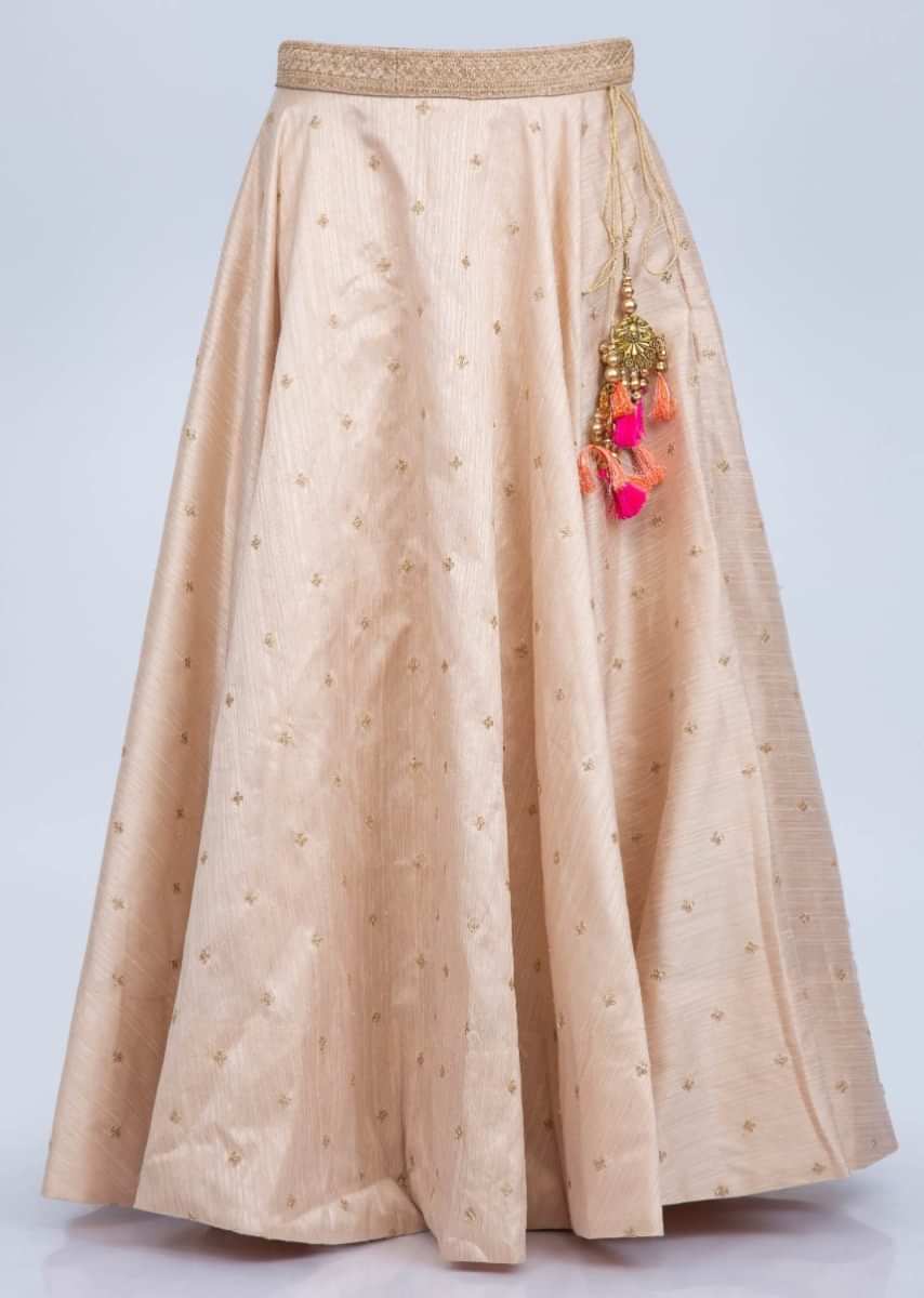 Cream raw silk cord embroidered lehenga with coral pink banarasi brocade silk dupatta only on Kalki