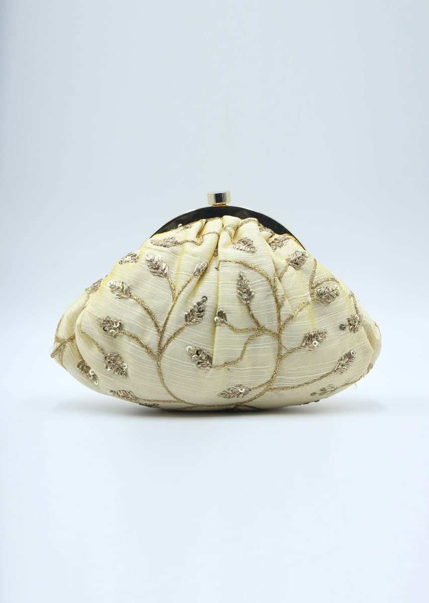 Cream raw silk curvaceous clutch in jaal embroidery 