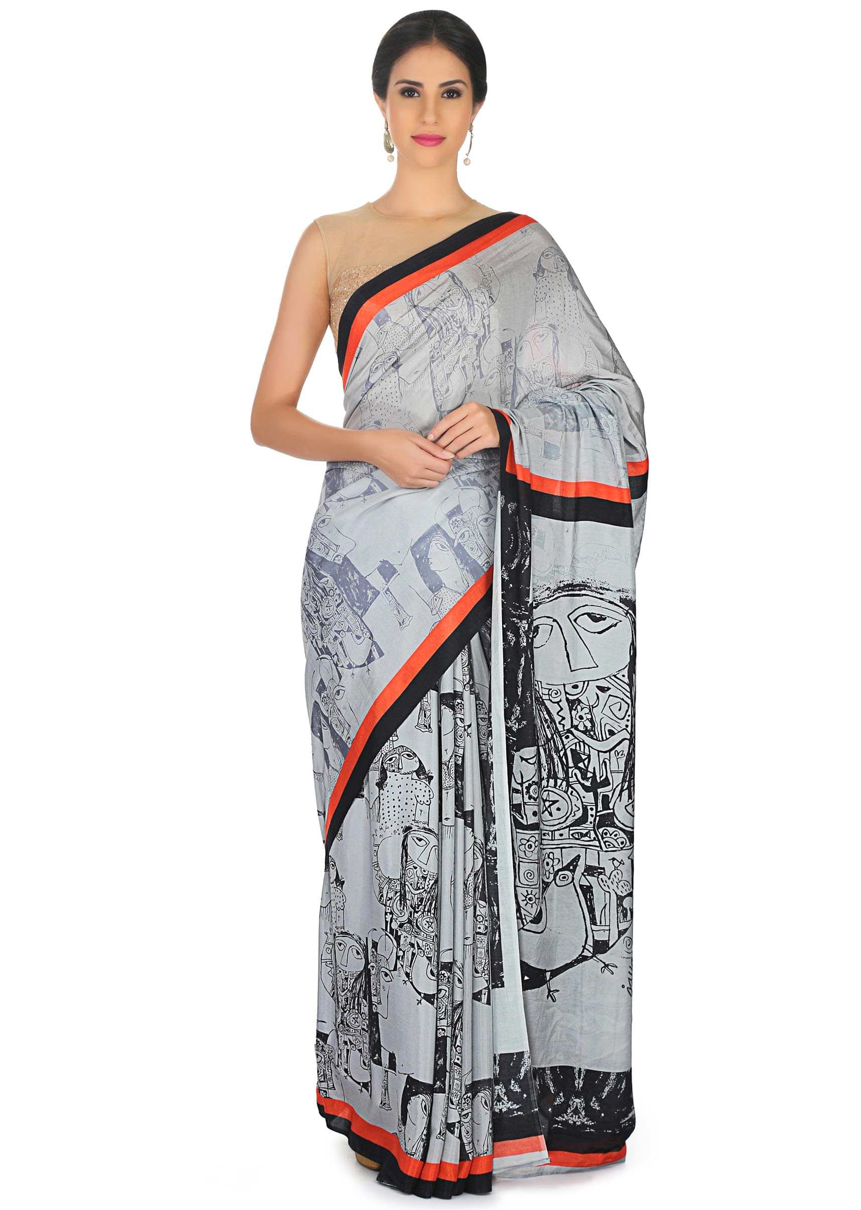 Cream saree with pallav and border print only on Kalki