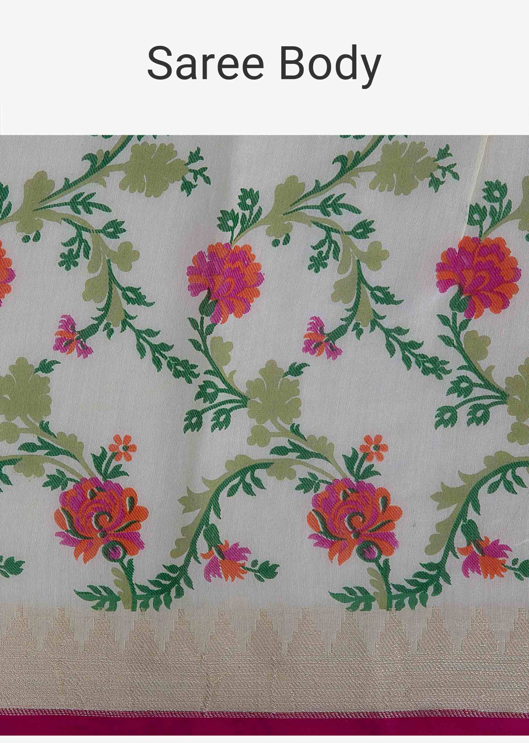 Cream satin crepe saree in floral print 