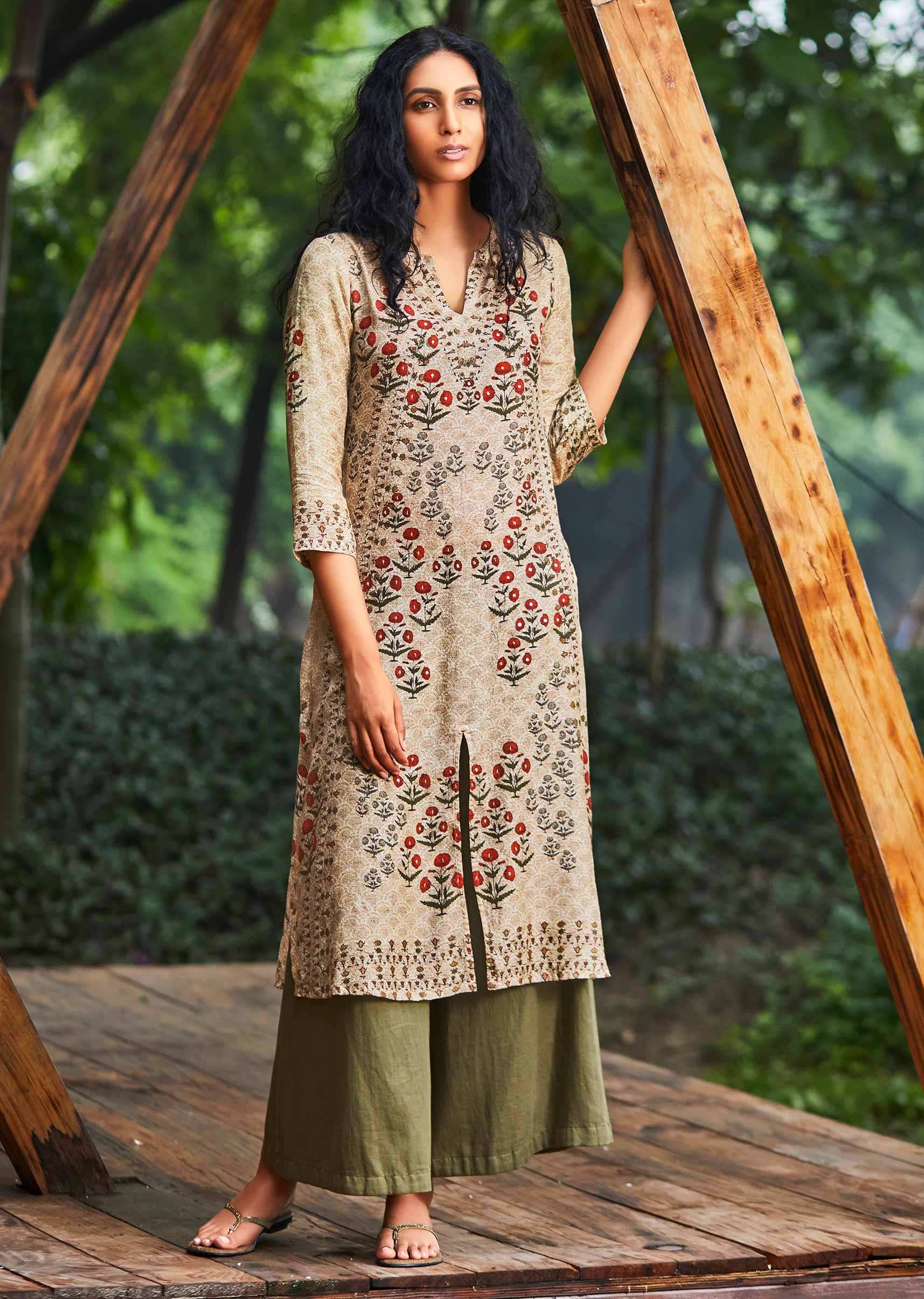 Cream satin silk floral printed suit wit olive green cotton pants