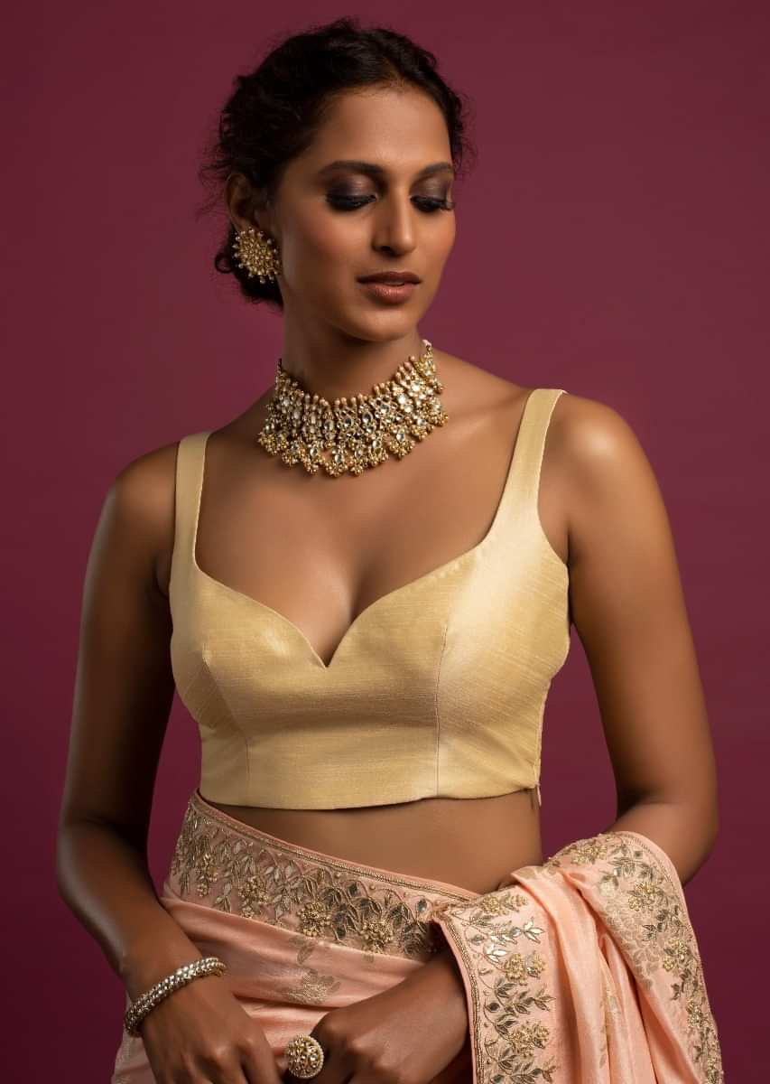 Buy Cream Sleeveless Blouse In Raw Silk With Plunging Sweetheart ...