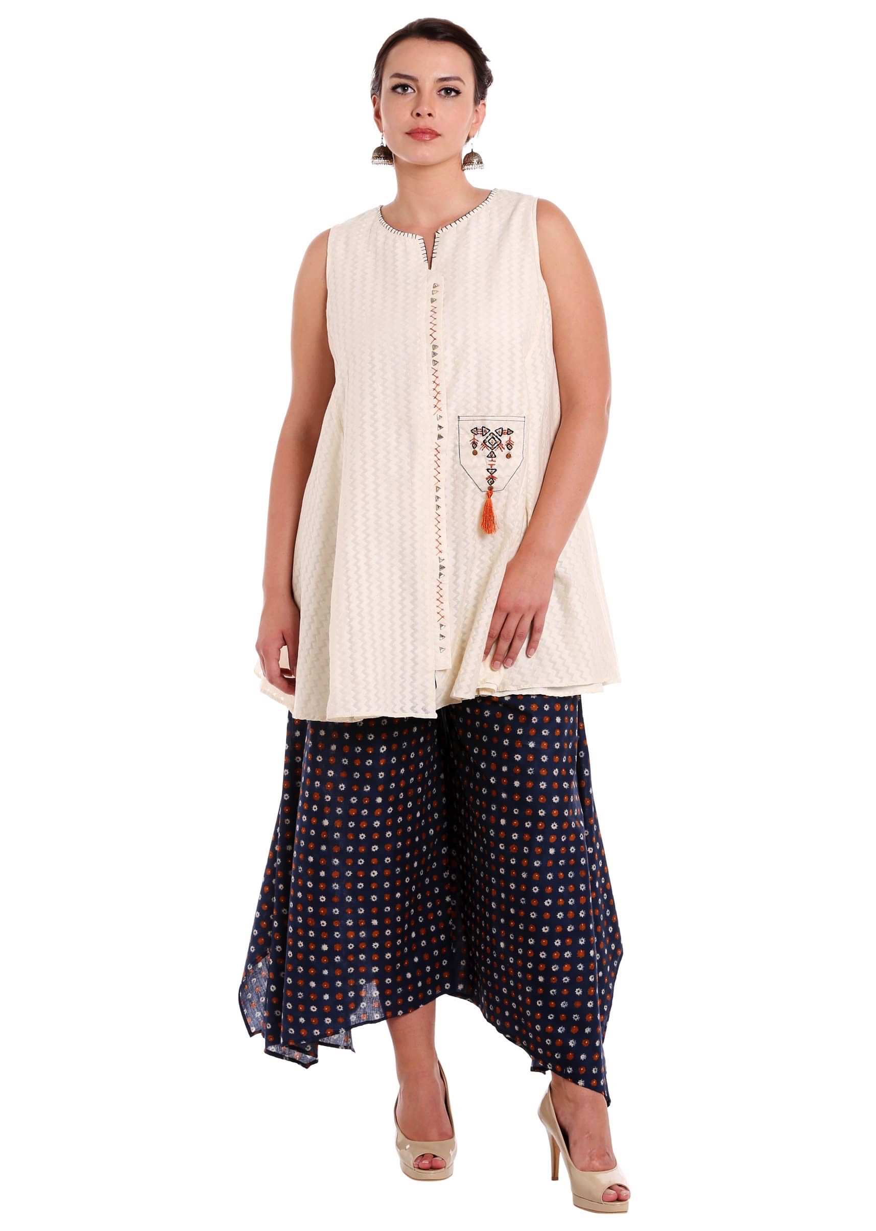 Cream Top With Fancy Pocket Matched With Palazzo Pant Online - Kalki Fashion
