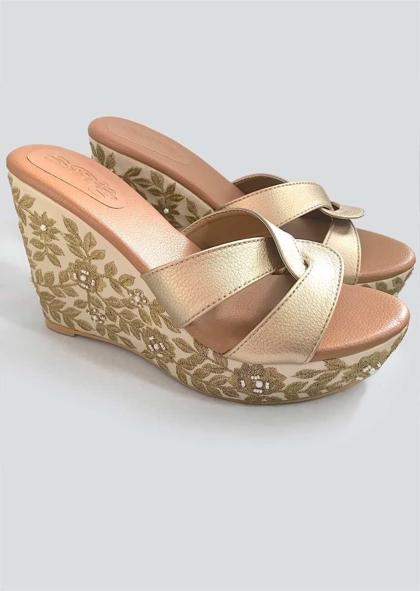 Cream Wedge Heels With Golden Zari And Beads Embroidered Floral Jaal By Sole House