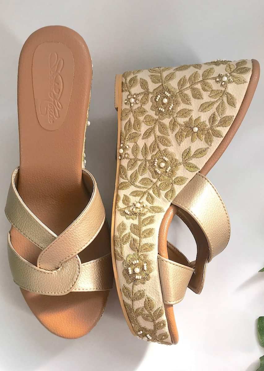 Cream Wedge Heels With Golden Zari And Beads Embroidered Floral Jaal By Sole House