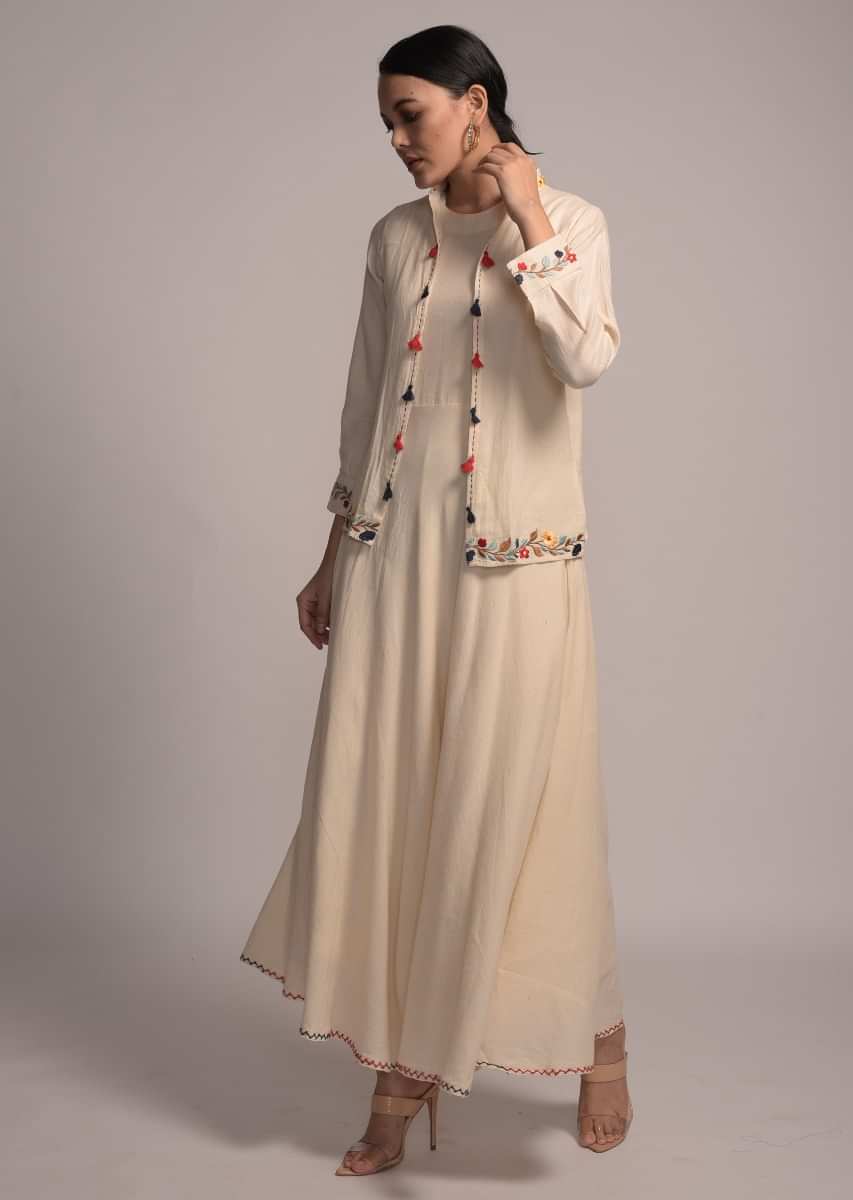 Cream White Tunic In Cotton With Resham Embroidered Jacket 