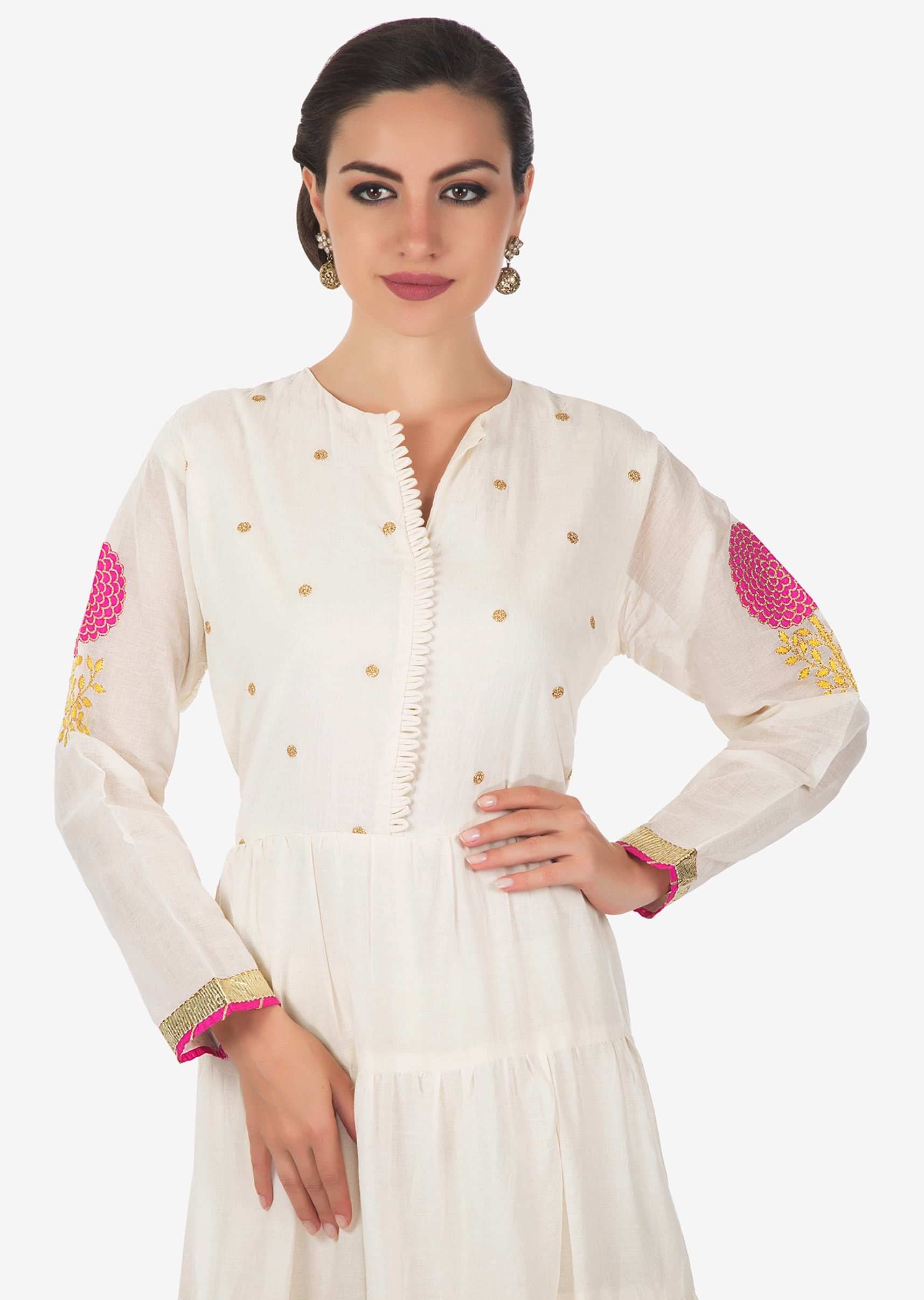 Cream dress adorn in applique work multi color dupatta only on Kalki