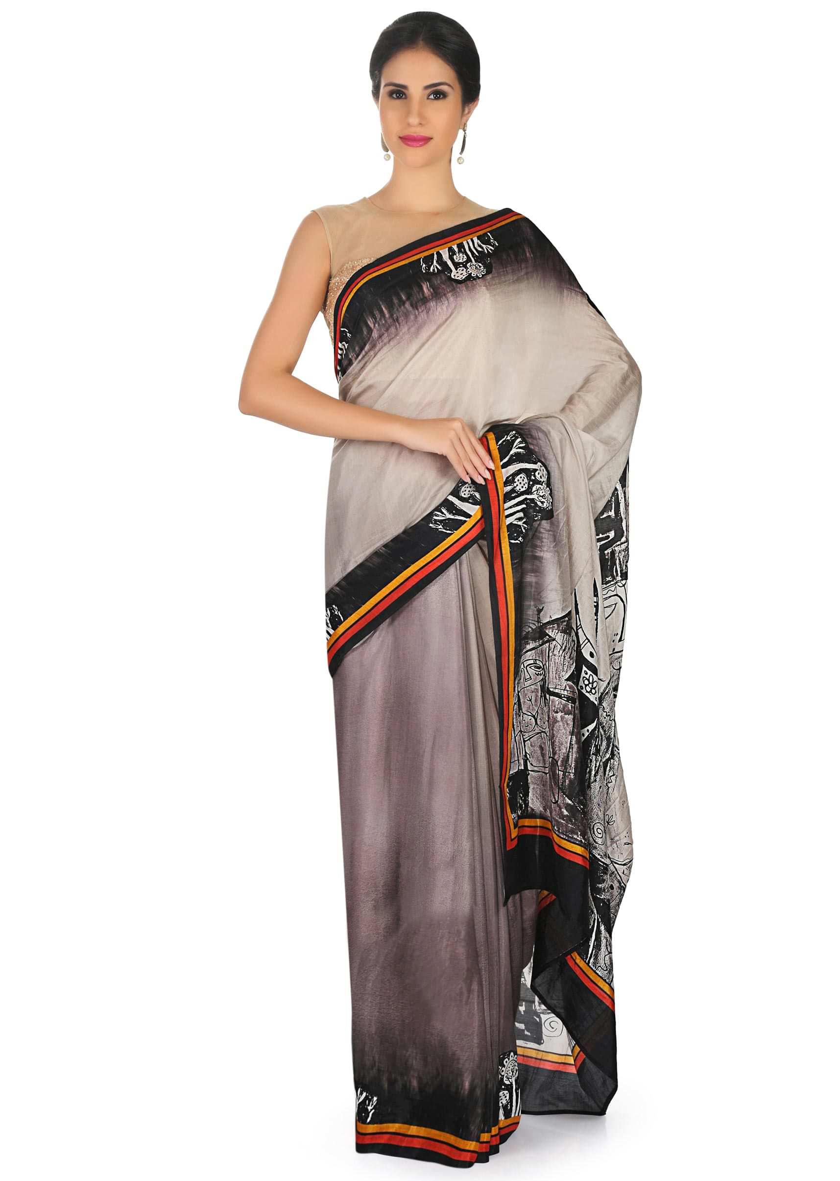 Cream, Grey And Black Shaded Saree With Printed Pallu And Border Online - Kalki Fashion
