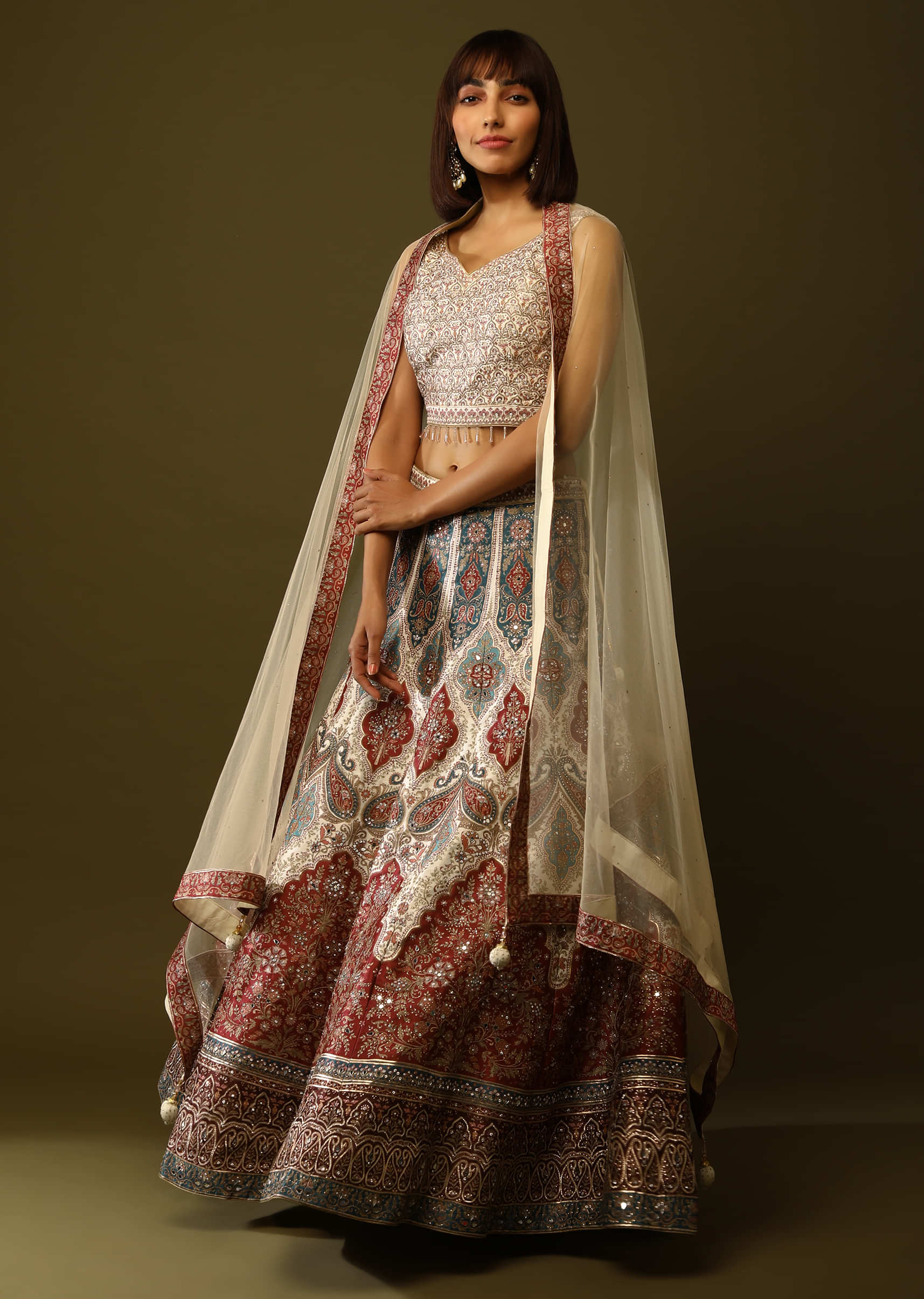 Cream And Maroon Shaded Lehenga Choli In Raw Silk With Floral And Mughal Print And Mirror Work 