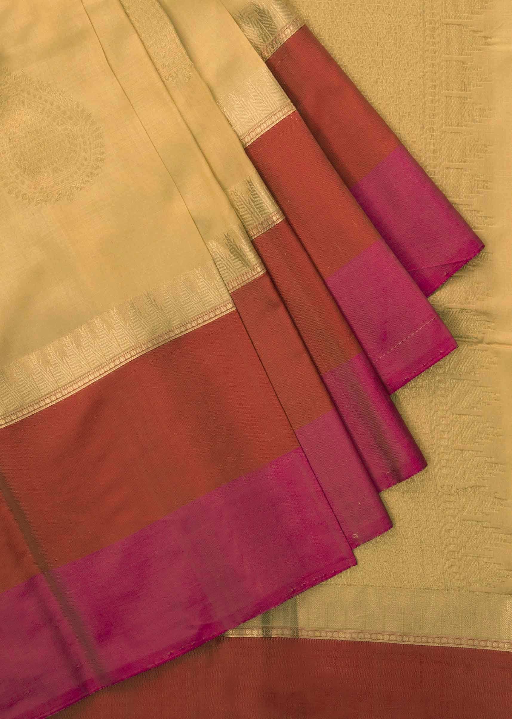 Sandal and Pink color kuppadam pattu handloom saree with temple border saree  design -KUPP0055925