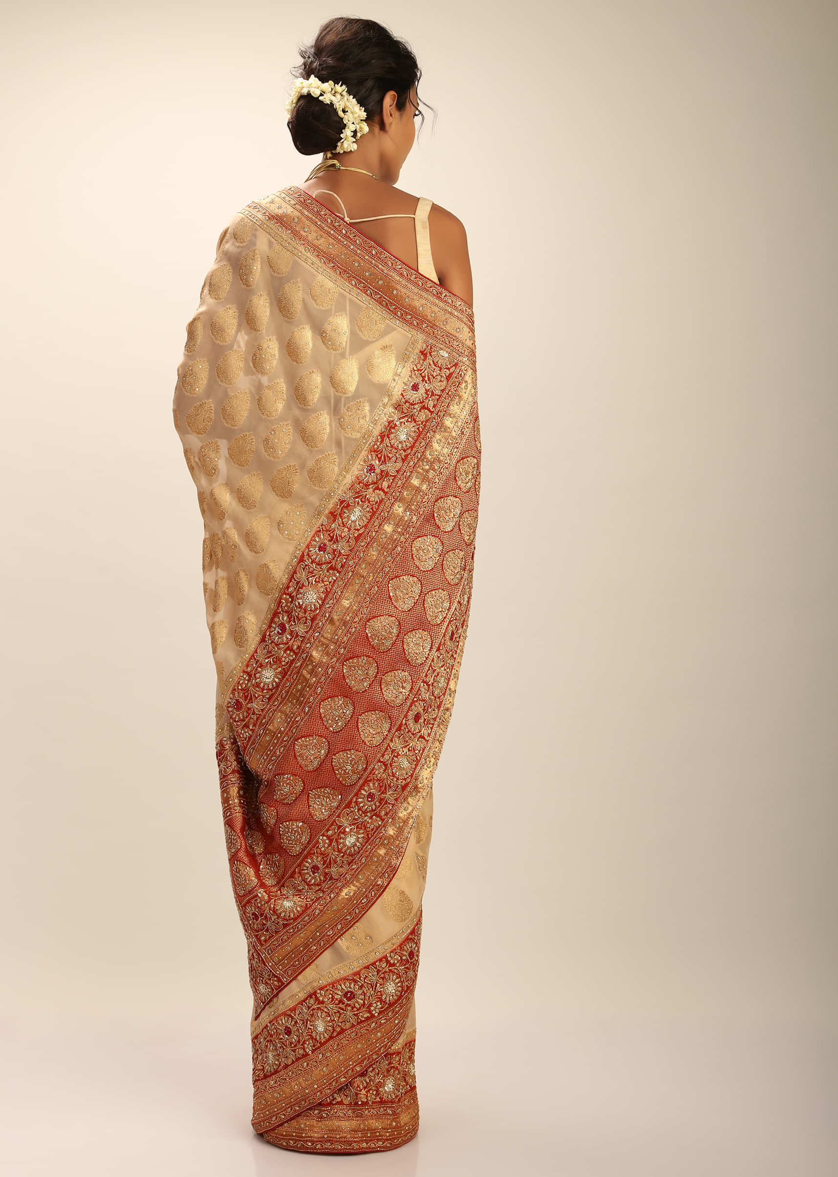 Cream Banarasi Saree In Georgette With Woven Buttis And Zardosi Embroidery Detailing 