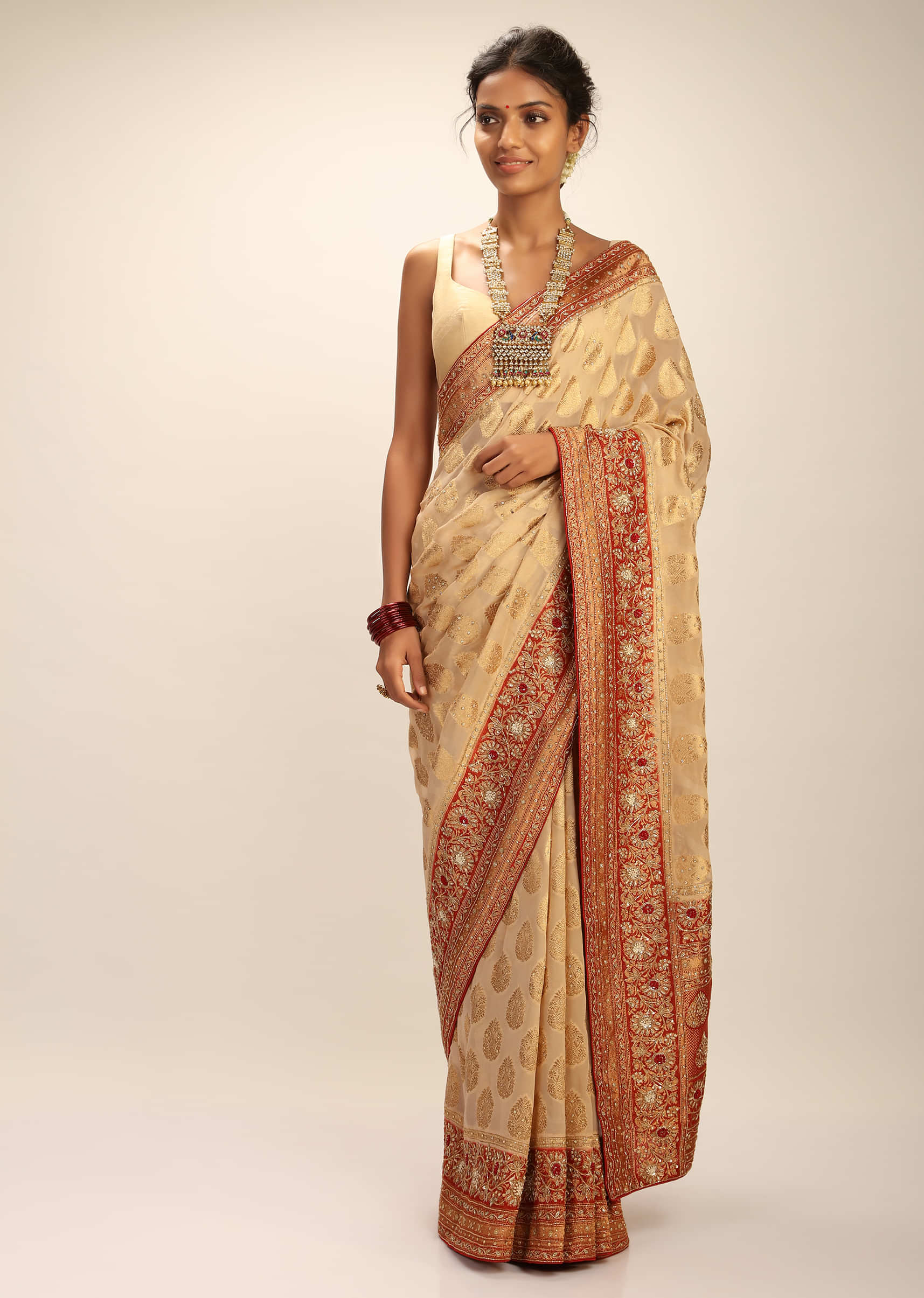 Cream Banarasi Saree In Georgette With Woven Buttis And Zardosi Embroidery Detailing 