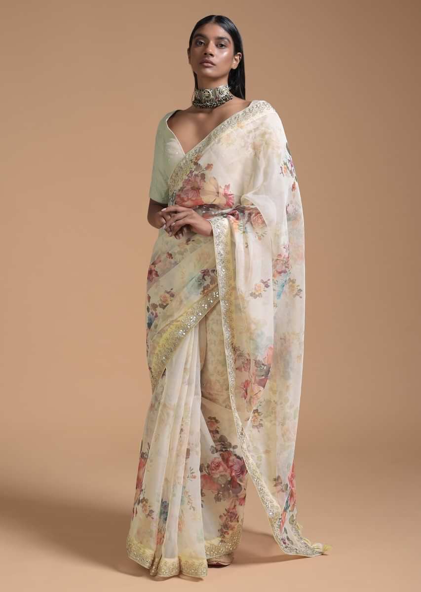 Cream Beige Saree In Organza With Floral Print And Gotta Patti Embroidered Border