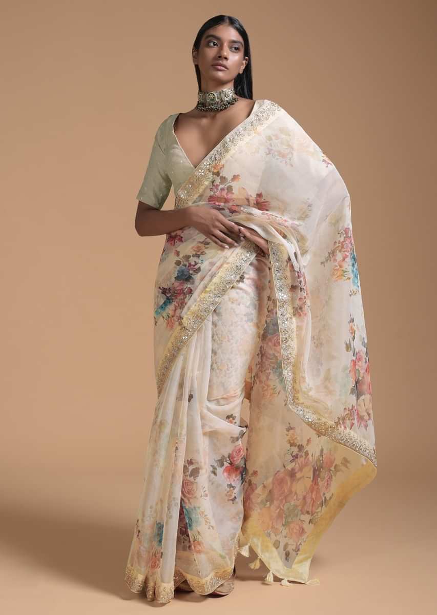 Cream Beige Saree In Organza With Floral Print And Gotta Patti Embroidered Border