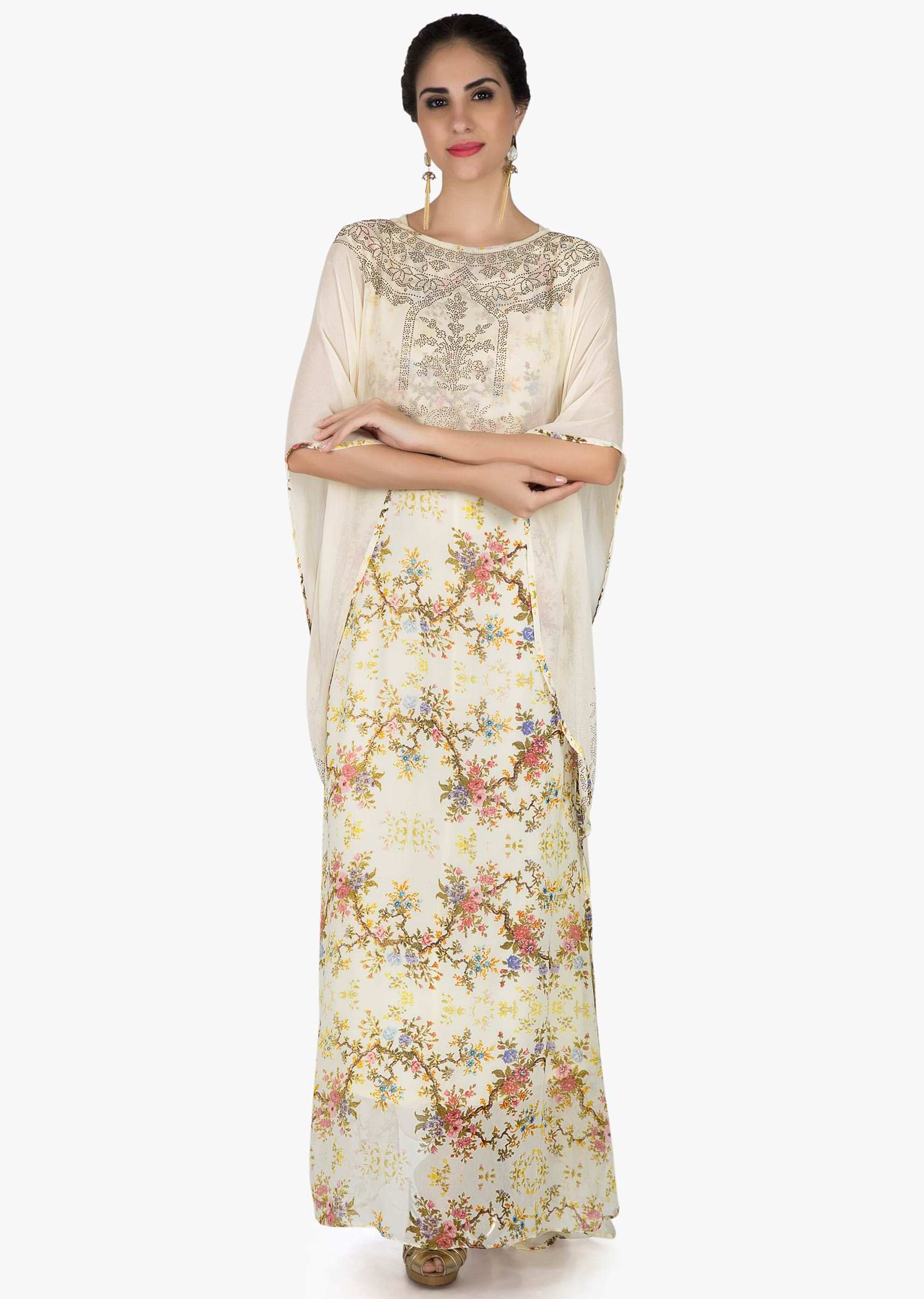 Cream floral printed kurti with kundan embroidered fancy cape only on Kalki