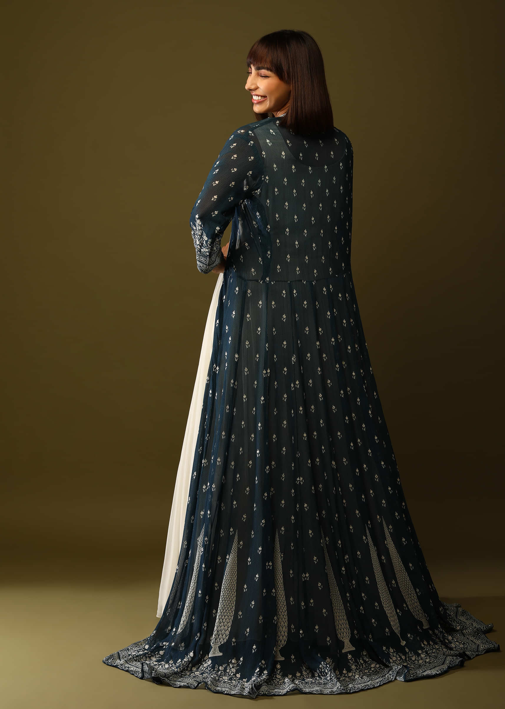 Cream Indowester Gown With Contrasting Blue Butti Printed Jacket  