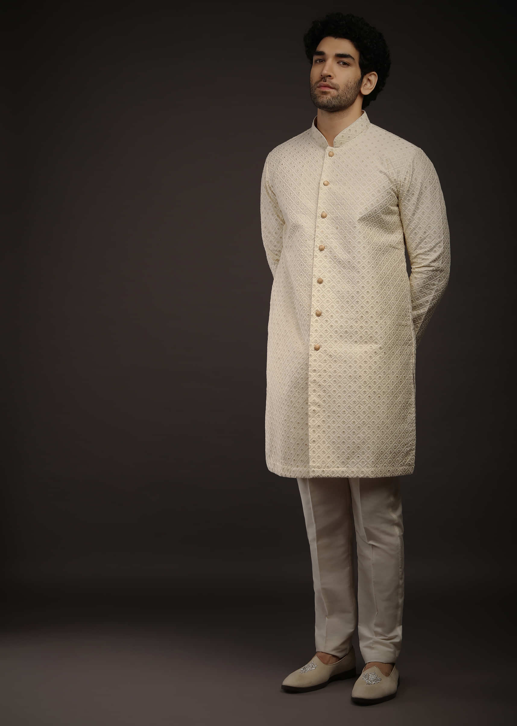 Cream Kurta Set With Lucknowi Thread And Sequins Embroidered Jaal And Centre Placket