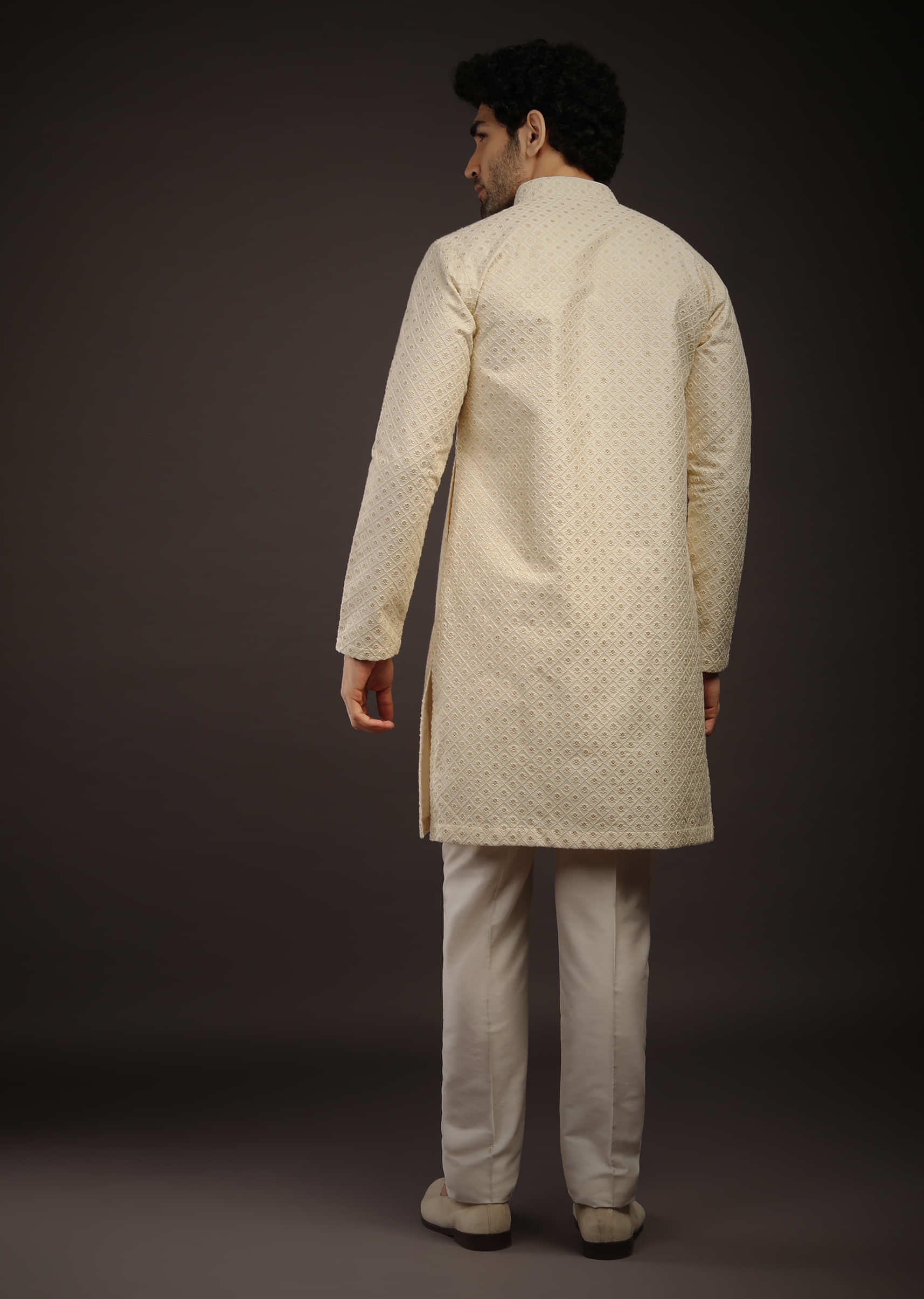 Cream Kurta Set With Lucknowi Thread And Sequins Embroidered Jaal And Centre Placket