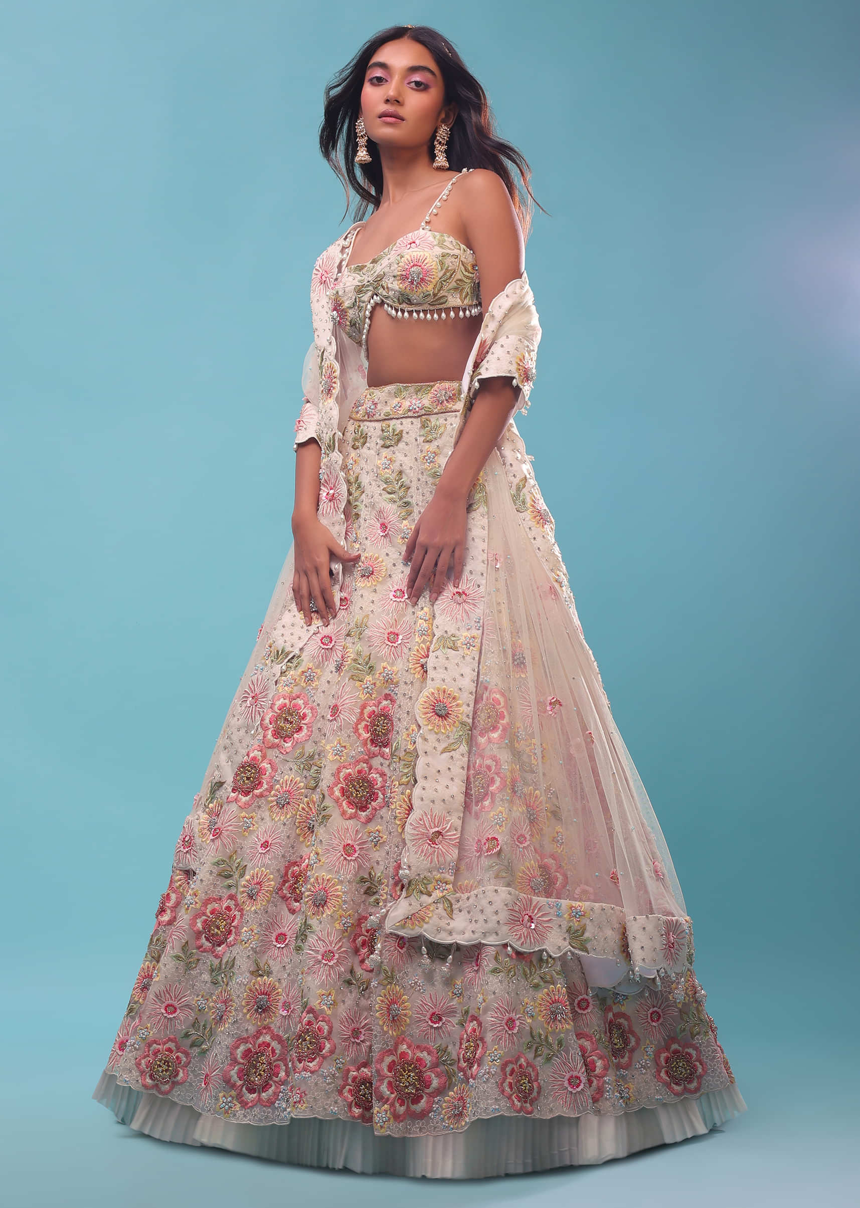 Organza-Made, Cream Lehenga With A Crop Top Embellished With 3D Flower Motifs In Moti Embroidery