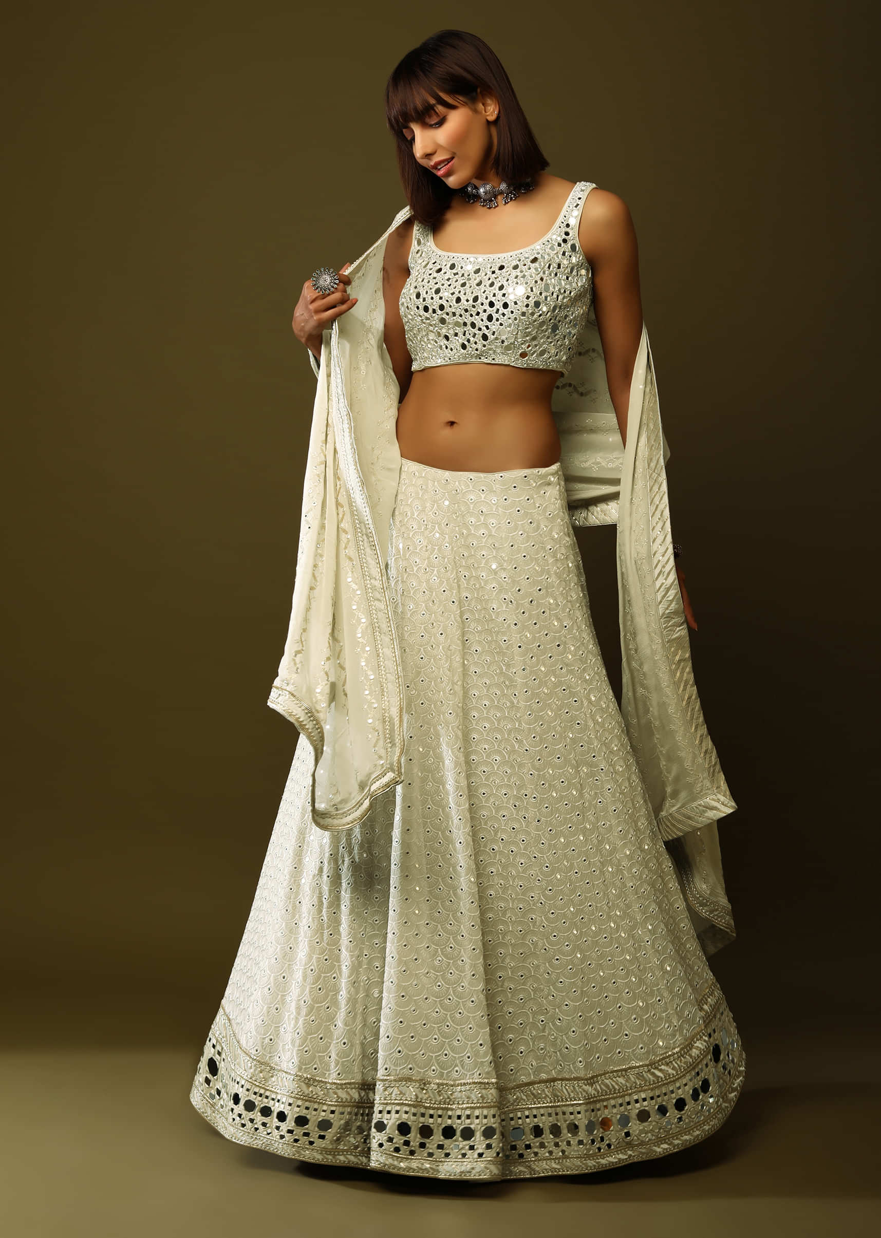 Light Beige Lehenga Choli In Georgette With Resham And Mirror Abla Embroidery 