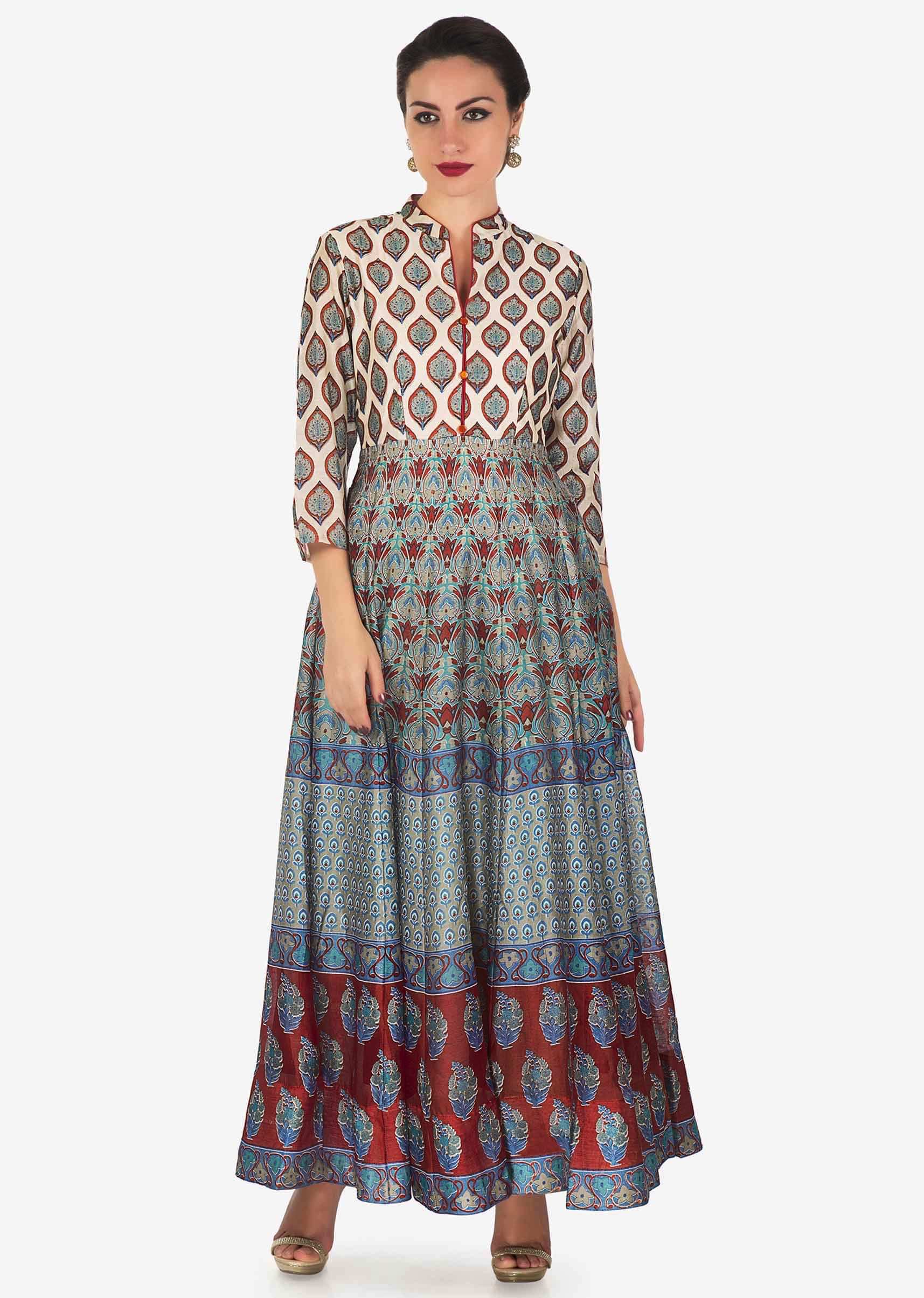 Cream long dress with grey and rust floral butti and jaal motif all over only on Kalki