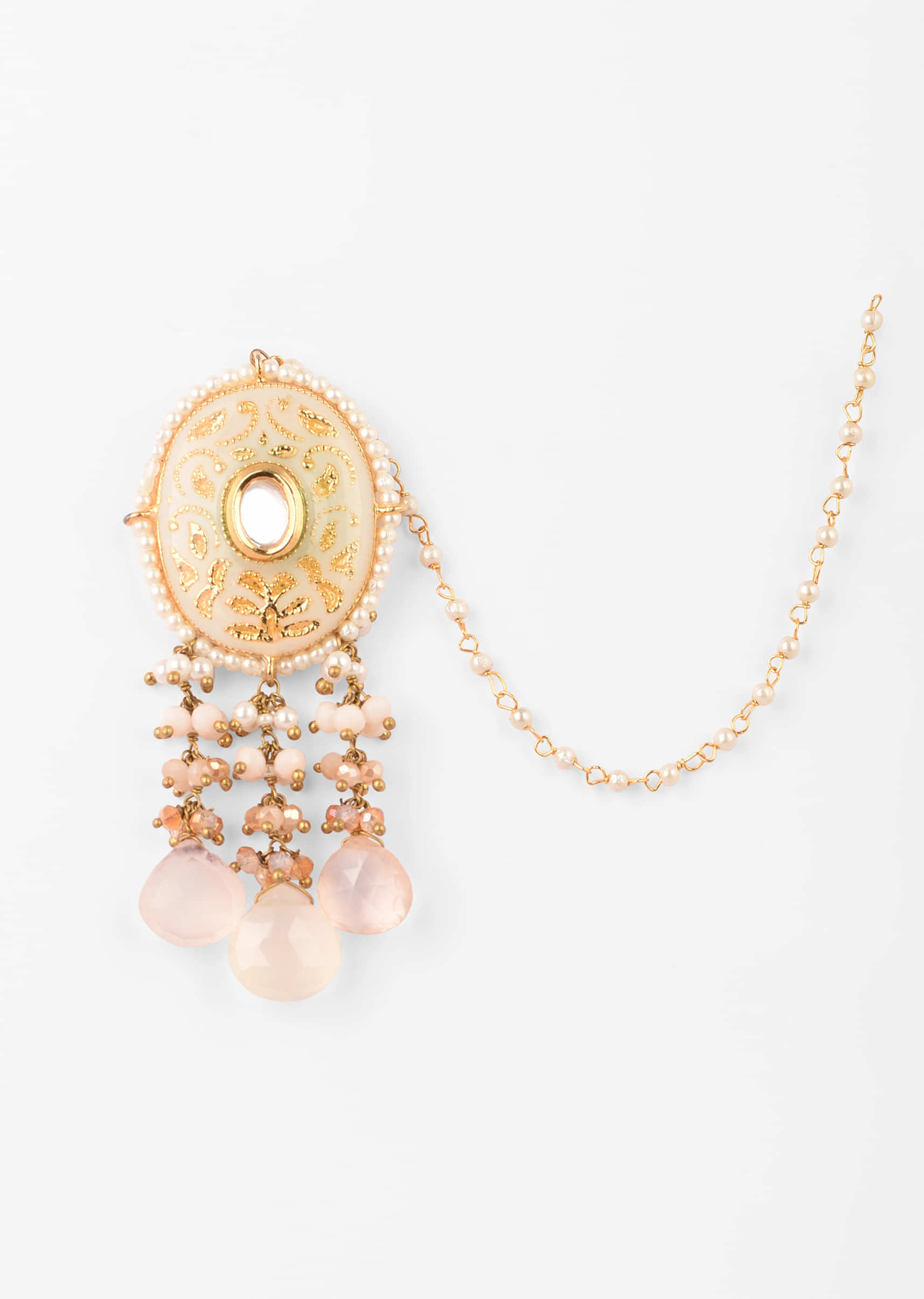 Cream Minakari Earrings In Oval Motif With Kundan And Dangling Moti And White Drop Fringes