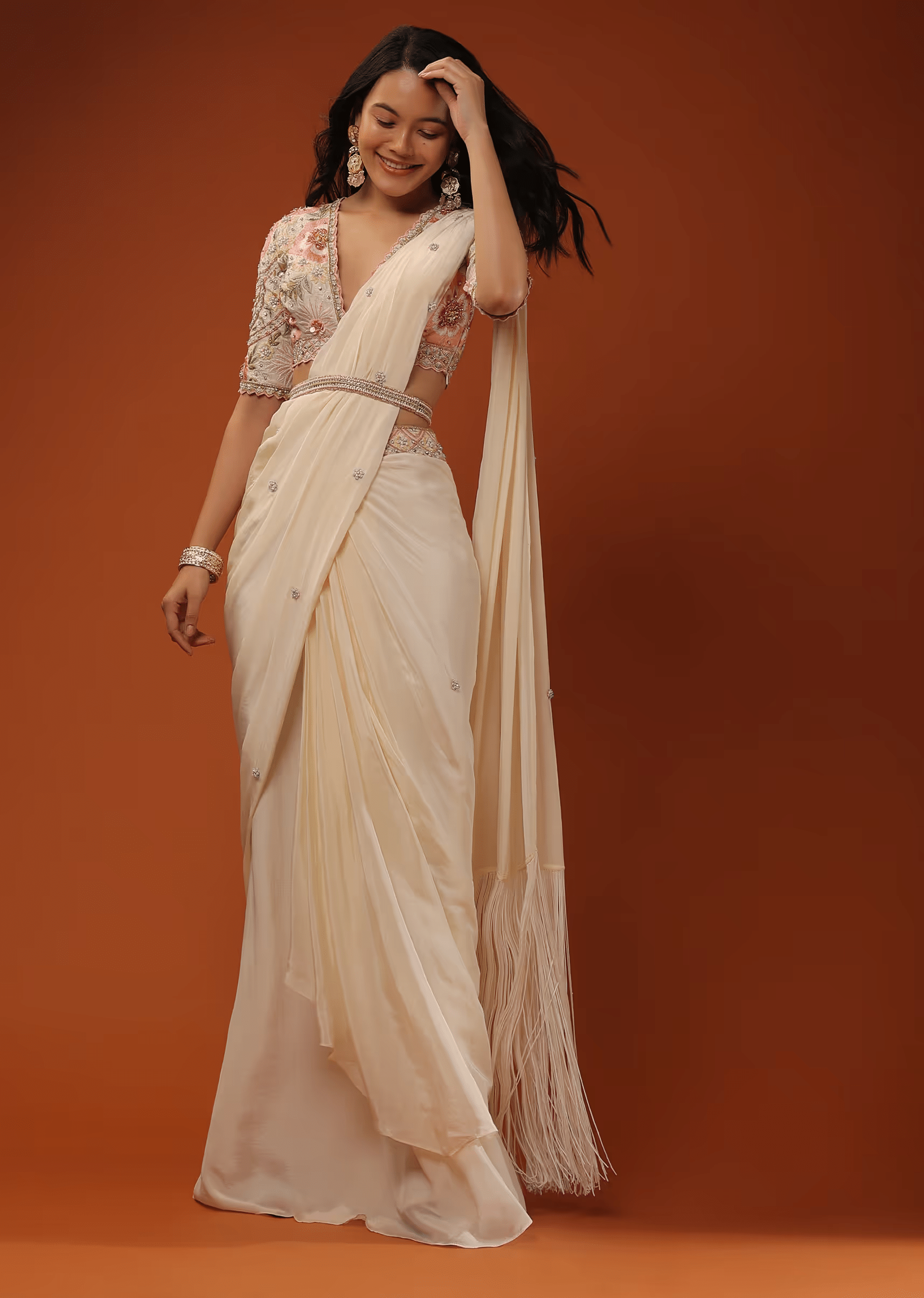 Cream Ready Pleated Saree With Multi Colored Floral Hand Work On The Blouse