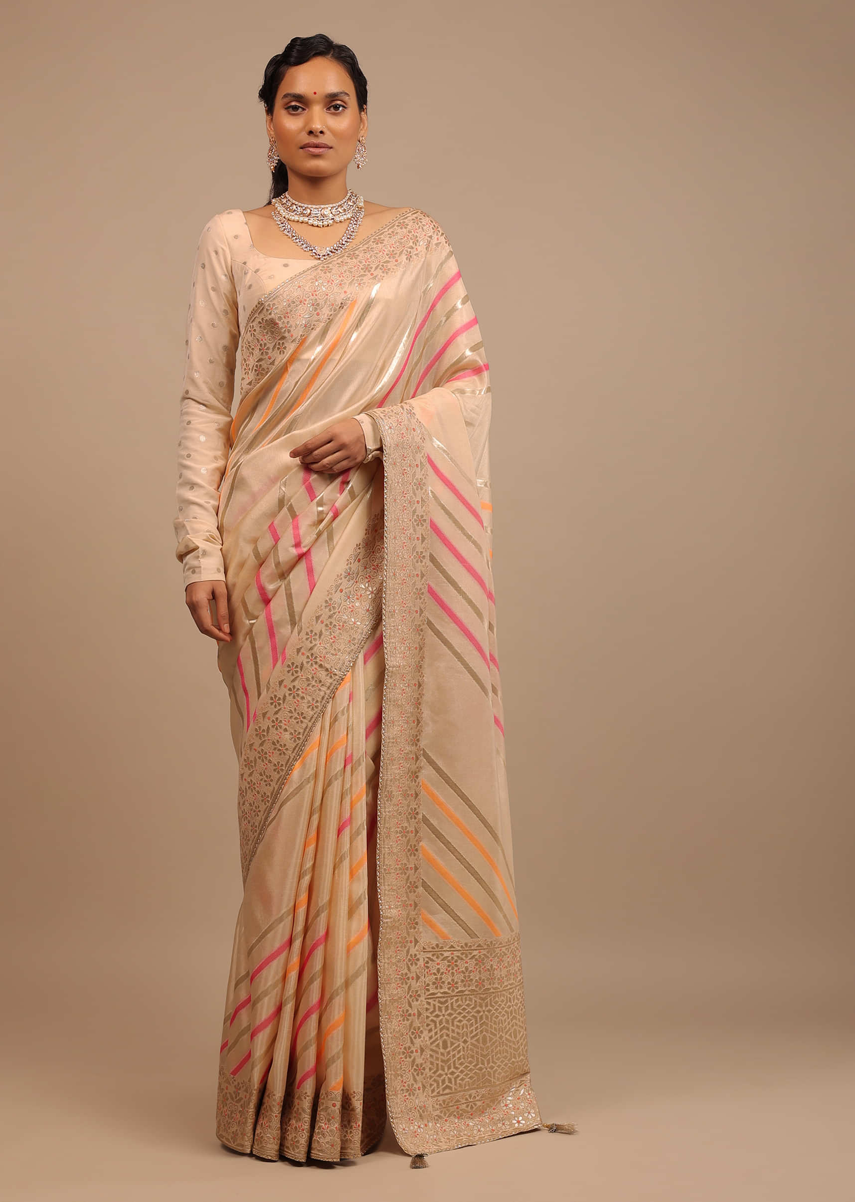 Buy Cream Saree In Silk With Lurex Woven Chevron Design And Thin Border  Along With Unstitched Blouse Online - Kalki Fashion