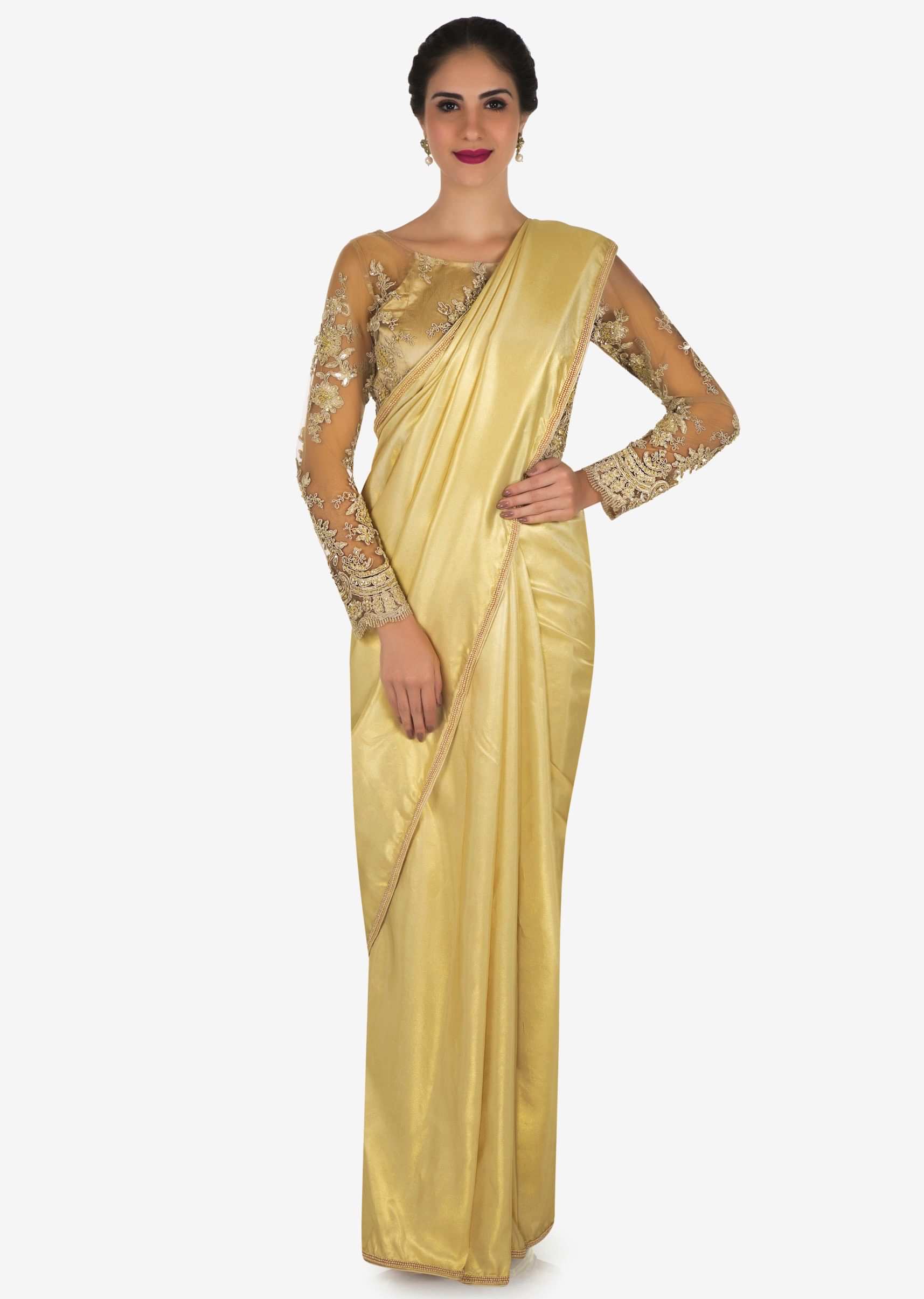 Cream Saree In Shimmer Foil With Moti Embroidered Work Online - Kalki Fashion