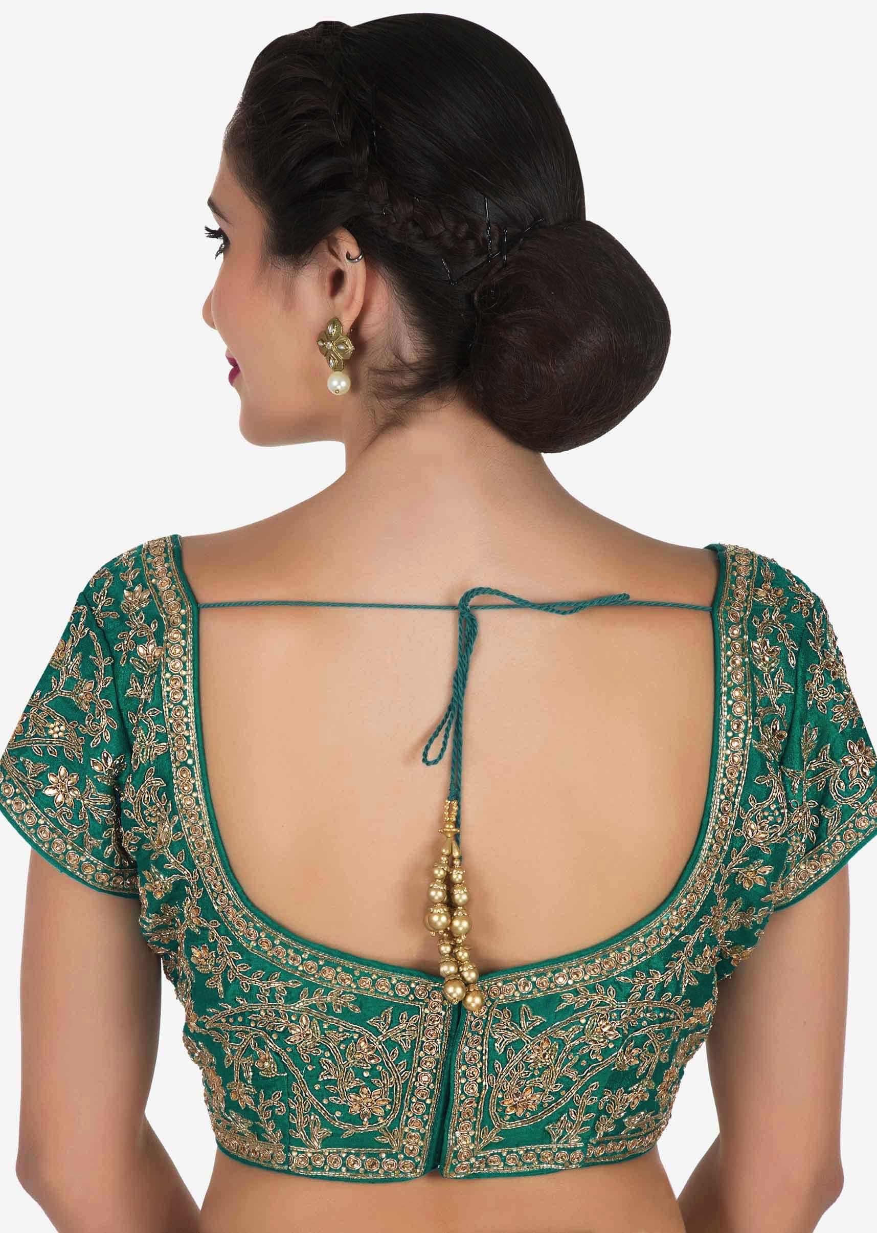 Cream Saree With Dark Green Blouse Crafted In Moti And Cut Dana Embroidery Work Online - Kalki Fashion