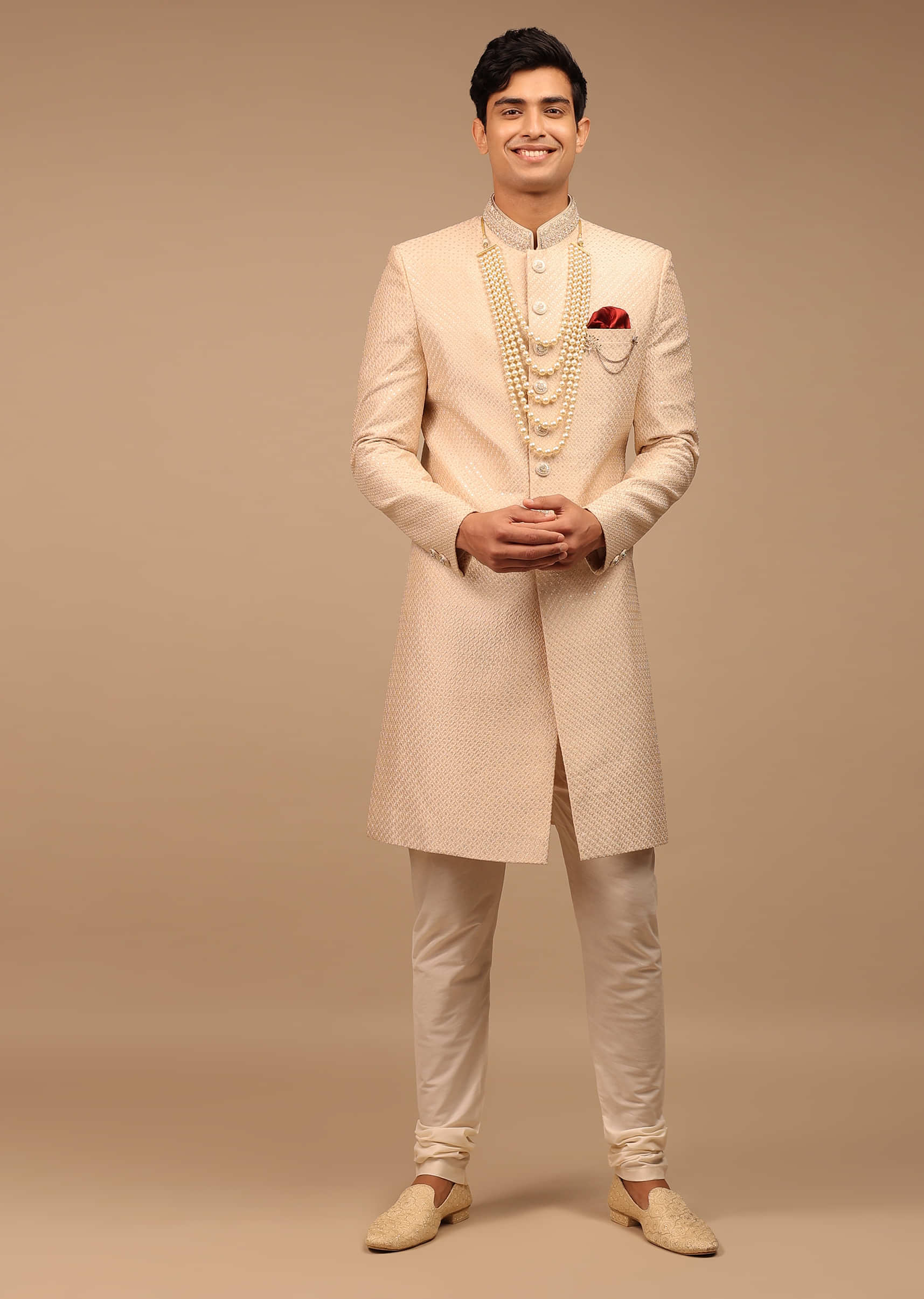 Cream Sherwani With Morroccan Jaal And Sequins