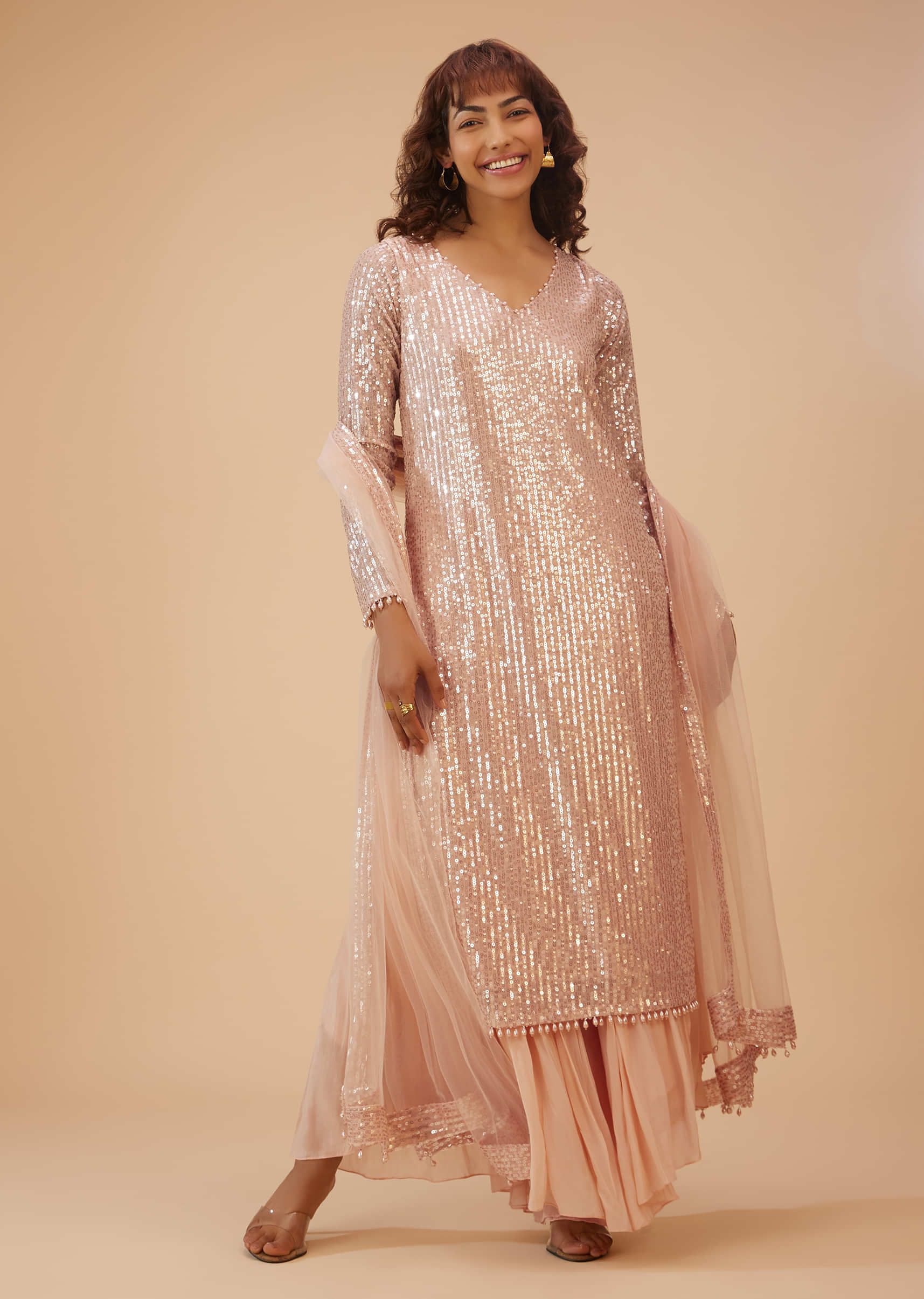 Salmon Pink Palazzo Suit In Sequins