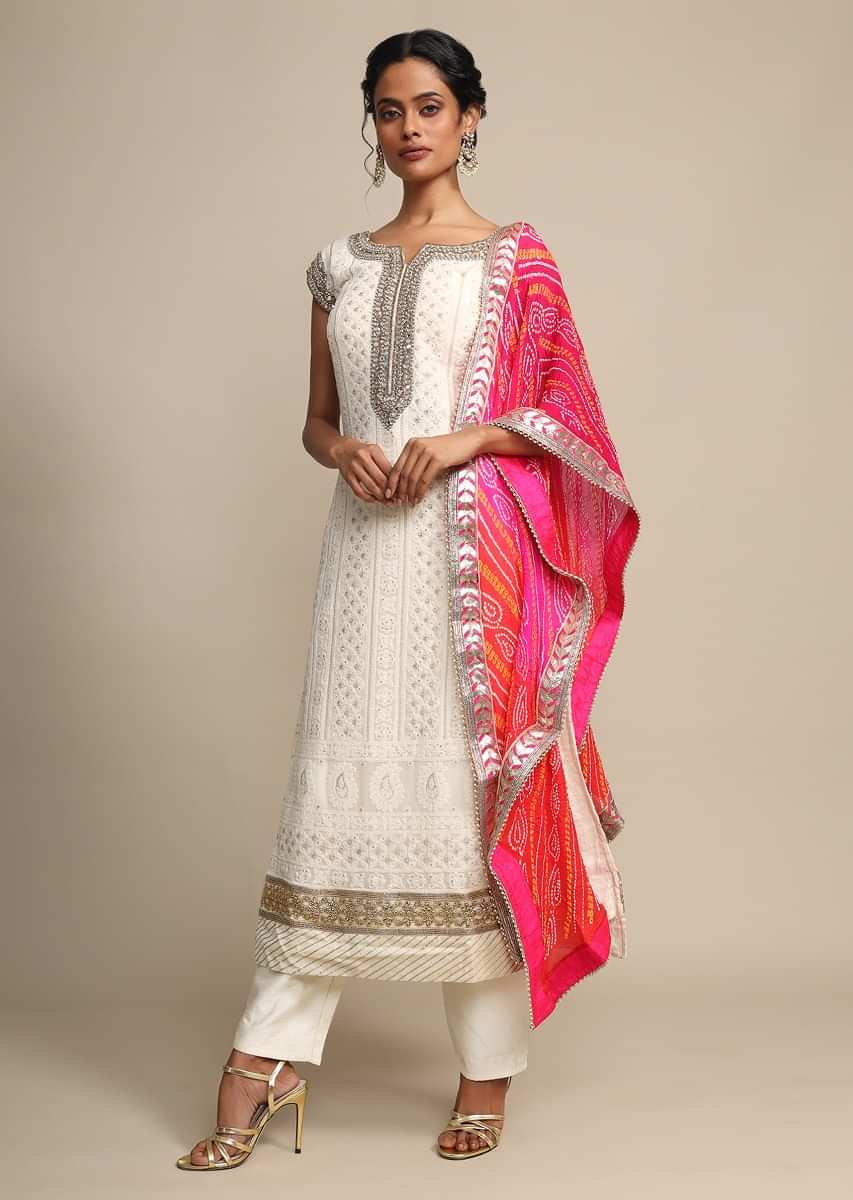 Cream Top In Silk With Moti And Mirror Work And Bandhani Dupatta