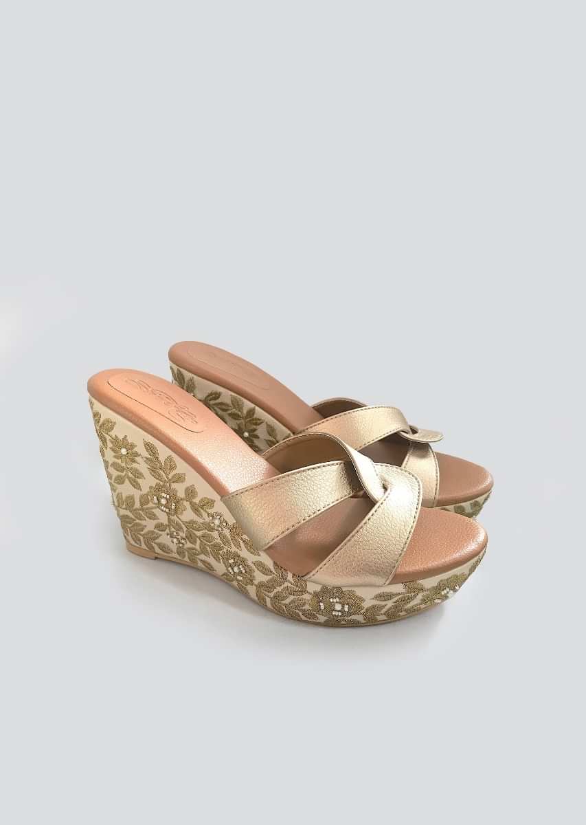 Buy Cream Wedge Heels With Golden Zari And Beads Embroidered Floral Jaal By  Sole House