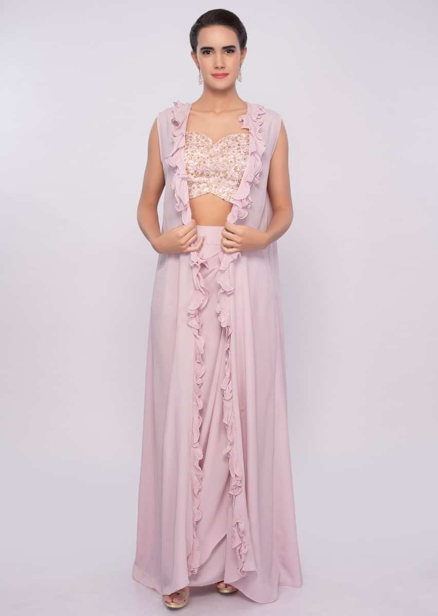 Pink Dhoti Skirt And Crop Top In In Crepe With Long Jacket Online - Kalki Fashion